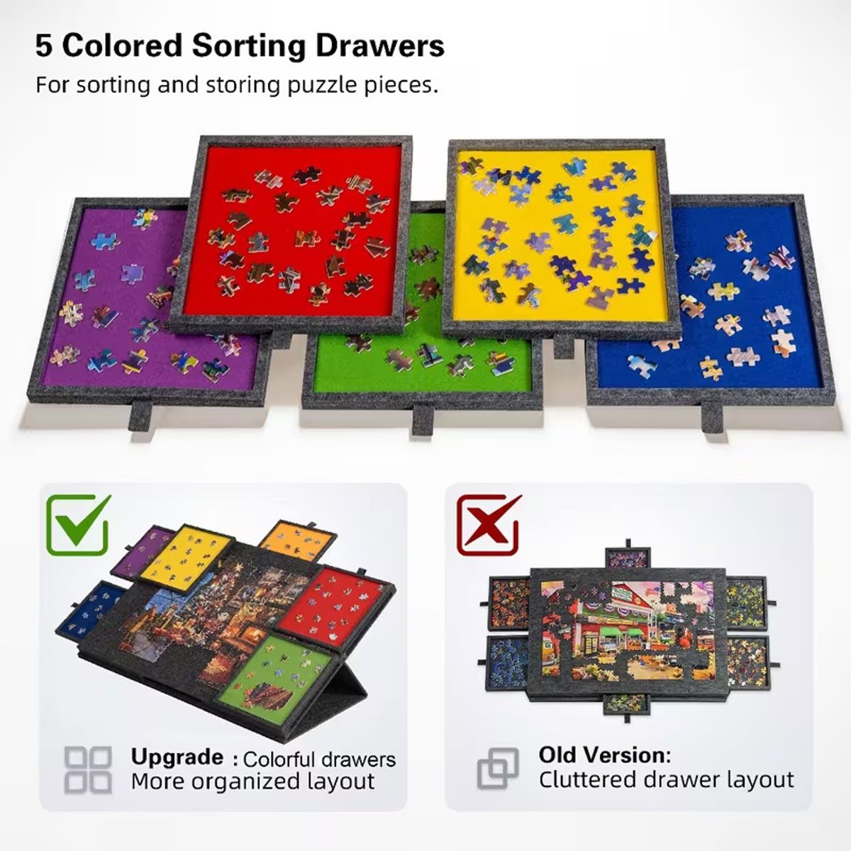 Pdgrid Puzzleunterlage Filz-Puzzleplattform mit 2-in-1-Ständer und Abdeckung tragbarer, mit 6 Schubladen für Erwachsene, bis zu 1000 Teile