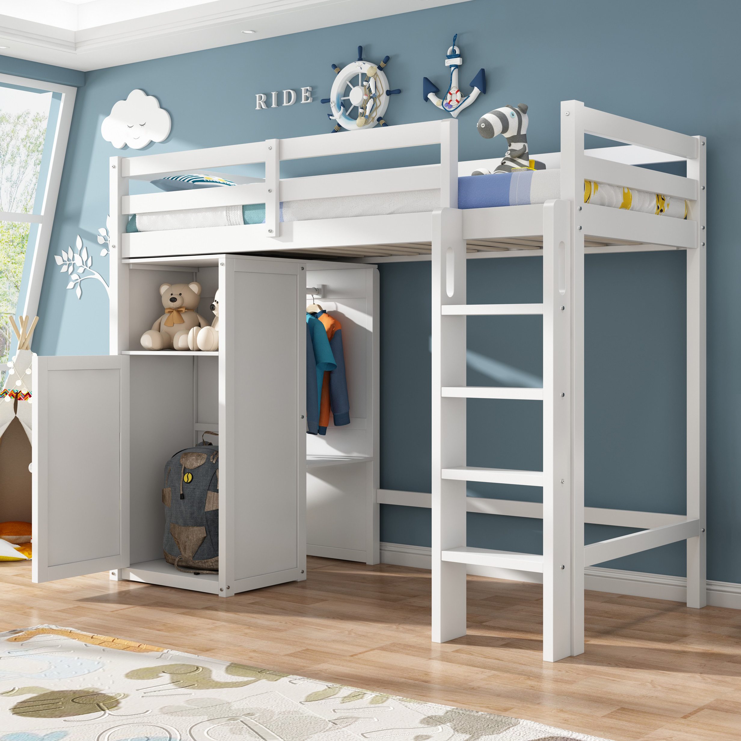 Flieks Hochbett Kinderbett Etagenbett 90x200cm mit offenen Kleiderschrank und Regalen