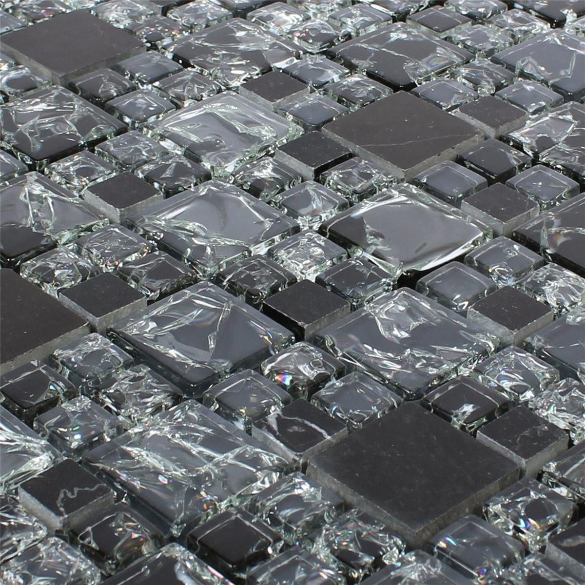 Mosafil Mosaikfliesen Glas Marmor Mosaikfliesen Malawi Bruchglas 2 Mix, Naturstein-Glas-Marmor 30.500x30.500, schwarz, Verlegefertig auf ein Netz geklebt - Frostsicher - Wasserfest