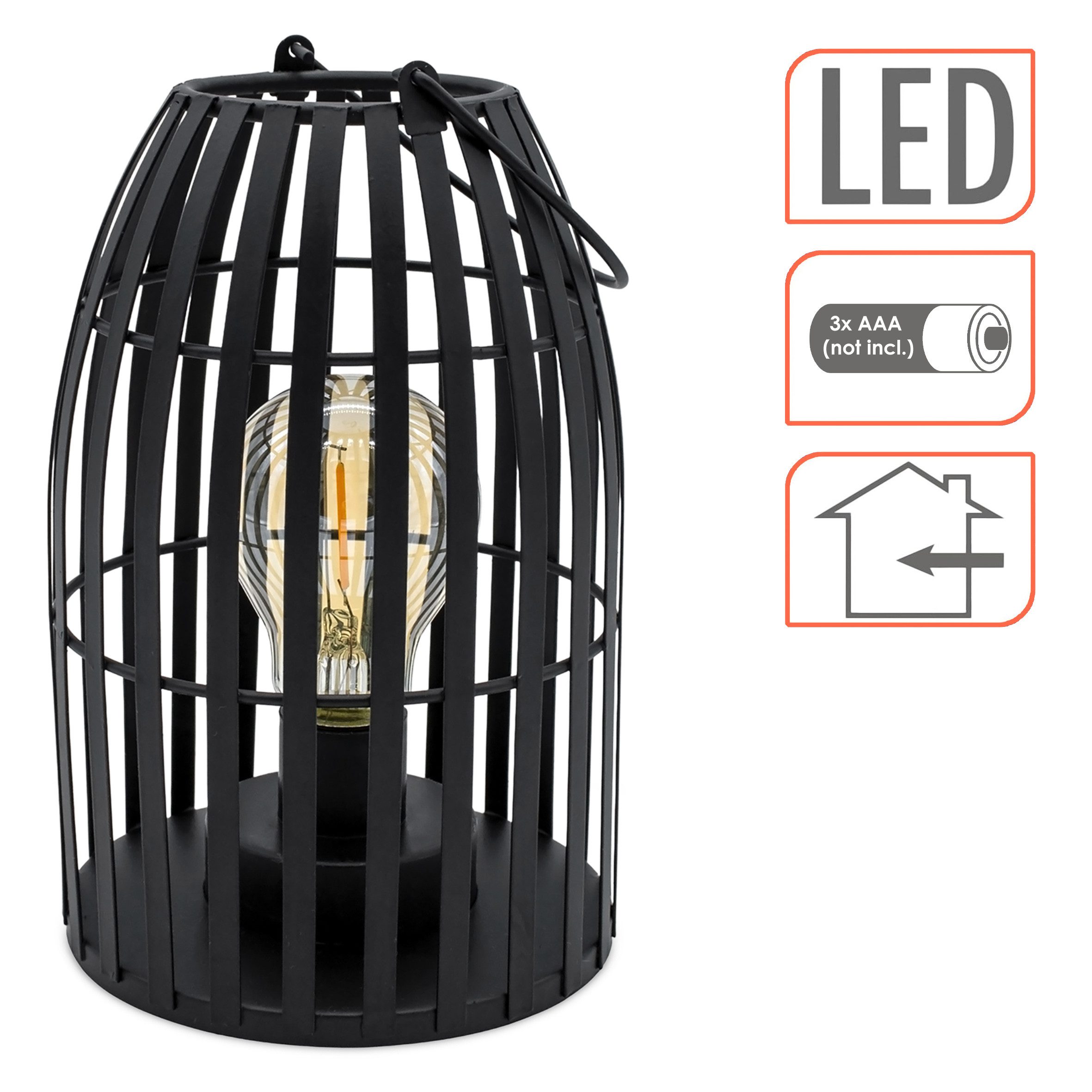 Spetebo LED Windlicht Deko schwarz mit LED Glühbrine und Tragehänkel, Batterie betrieben - 3x AAA, E27, warm weiß, austauschbare Birne mit E27 Gewinde