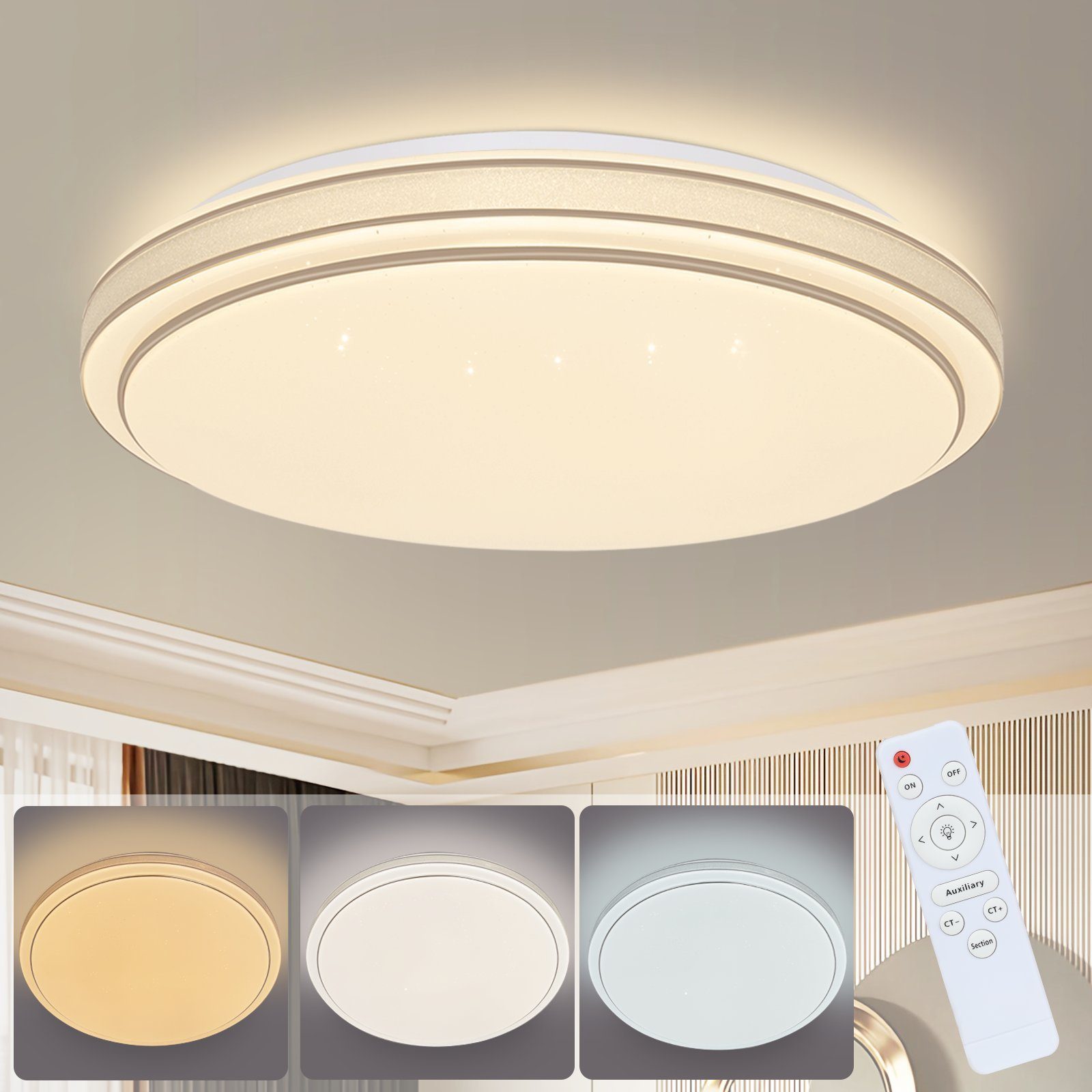 ZMH LED Deckenleuchte Schlafzimmerlampe Sternenhimmel Modern Rund für Wohnzimmer, LED fest integriert, ∅27cm, Flimmerfrei, ‎Weiß B