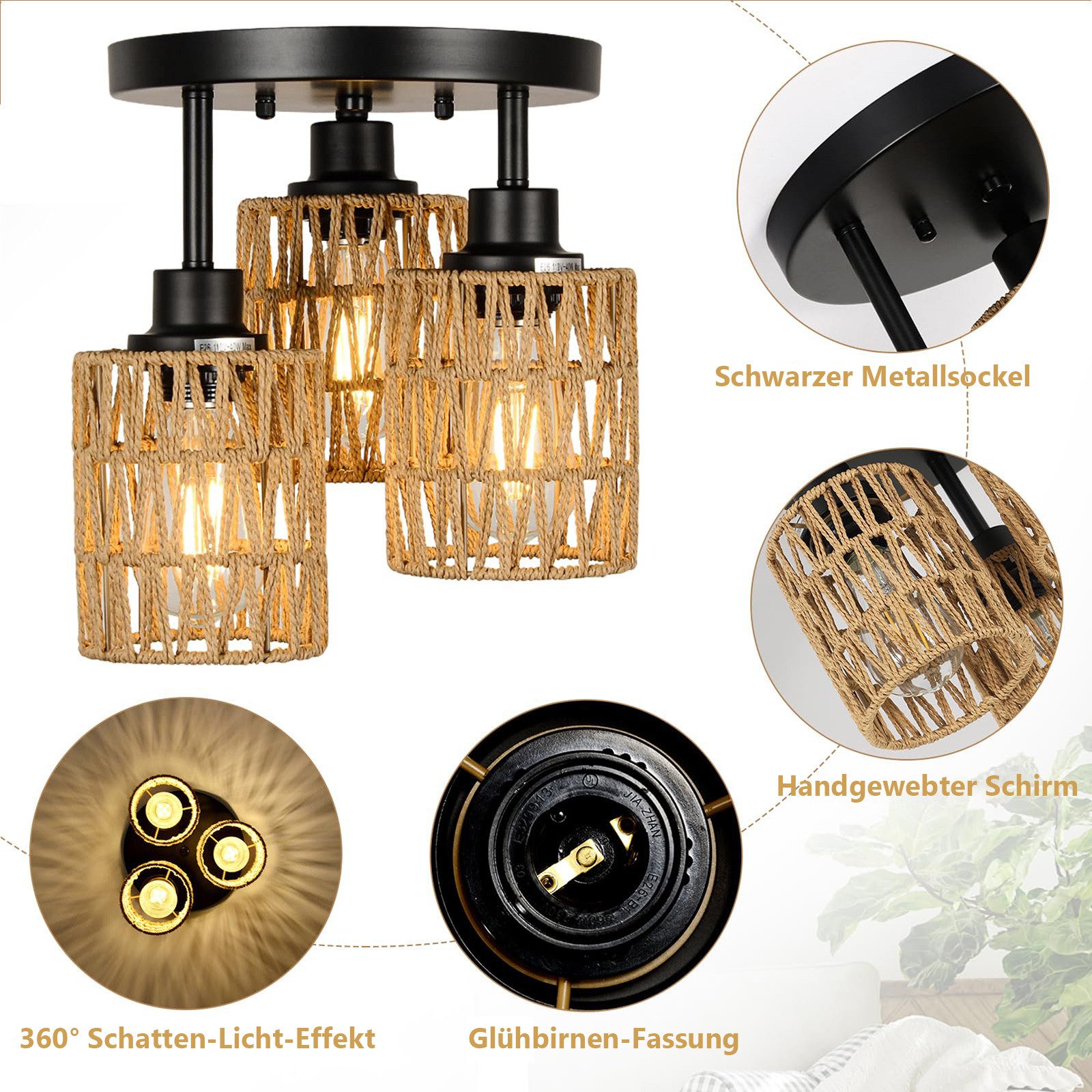 LMaxhome LED Deckenleuchte Hängend Boho Rattan günstig online kaufen