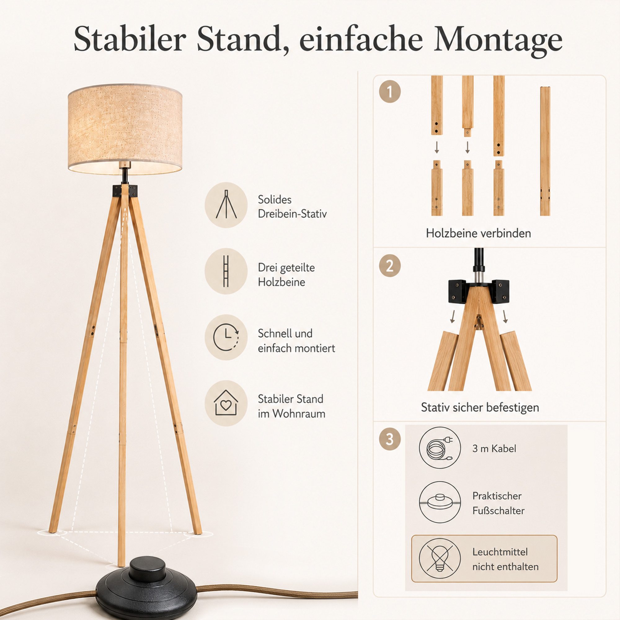 Fyrove Stehlampe wohnzimmer Leselampe Stehleuchte Stativ aus Holz, E27 LED Stehlampe, (Gluhbirne nicht enthalten), fur wohnzimmer Leselampe Schlafzimmer,Buro Ar – Bild 5 von 5