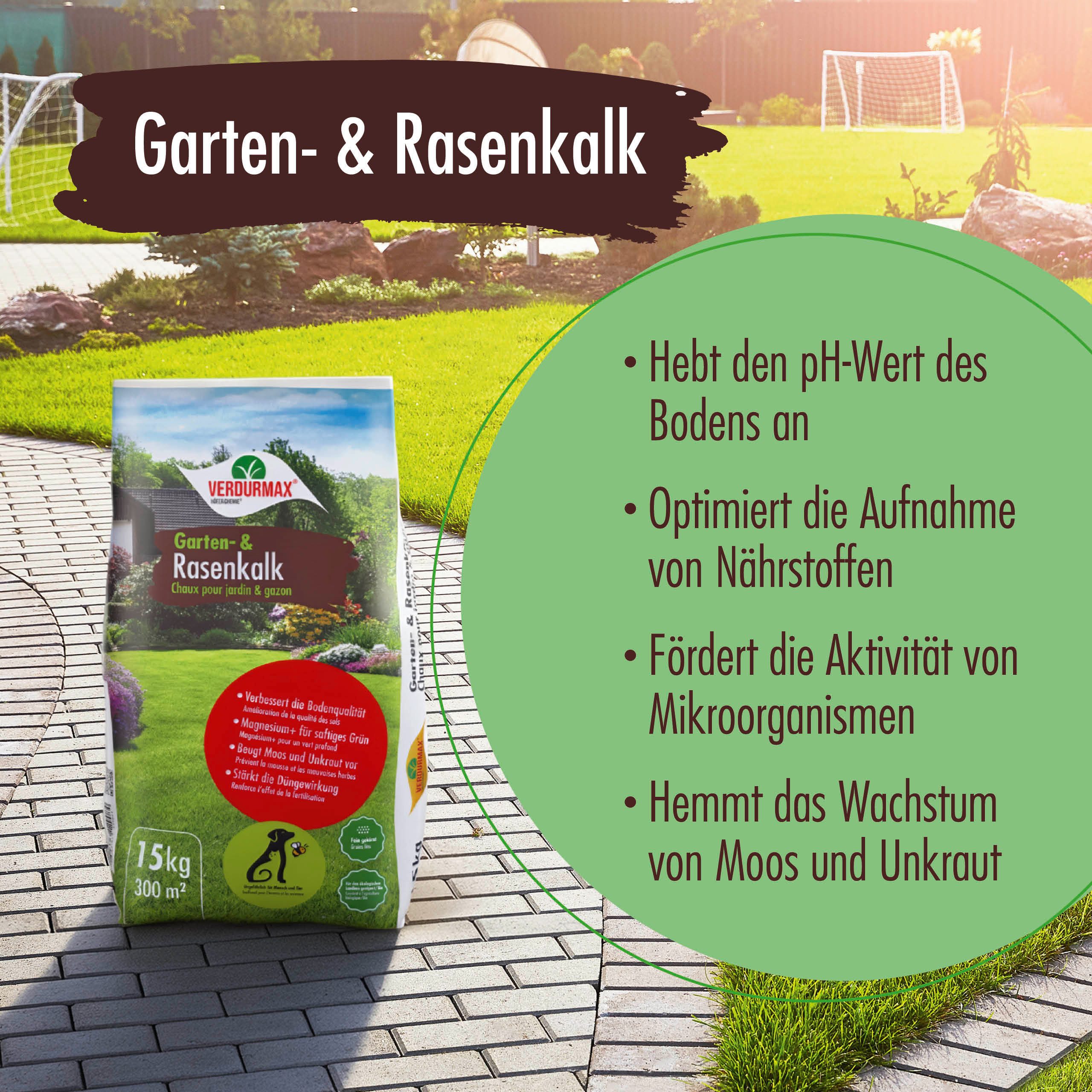 Höfer Chemie GmbH Rasenkalk 15 kg VERDURMAX® Garten- und Rasenkalk, Rasenkalk, 1-St., Verbessert den Boden und stärkt den Rasen