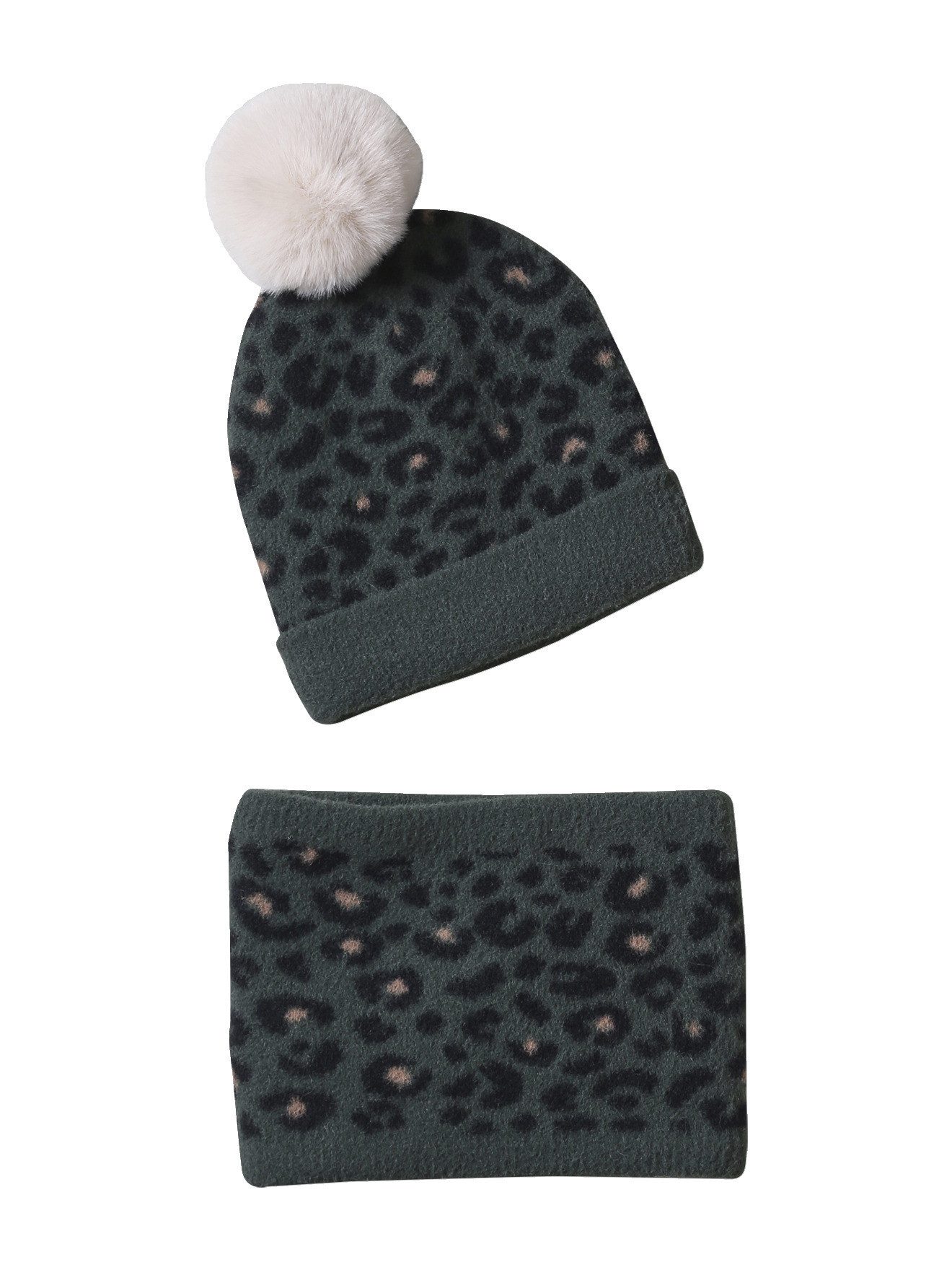 Beanie Mädchen-Set: Mütze & Rundschal mit Leo-Muster