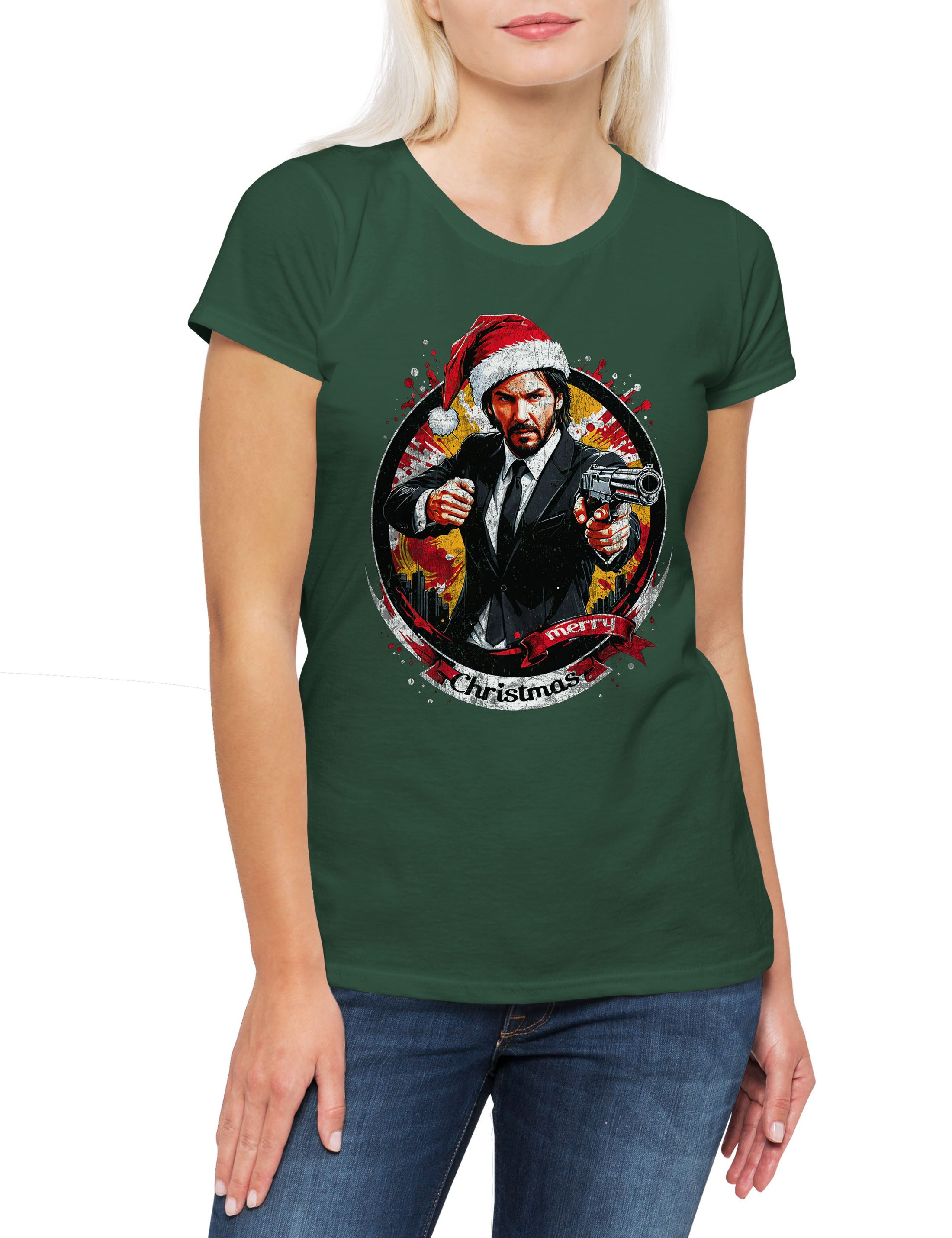 Print-Shirt Merry John Christmas Damen T-Shirt Happy Santa X-Mas Claus Wick