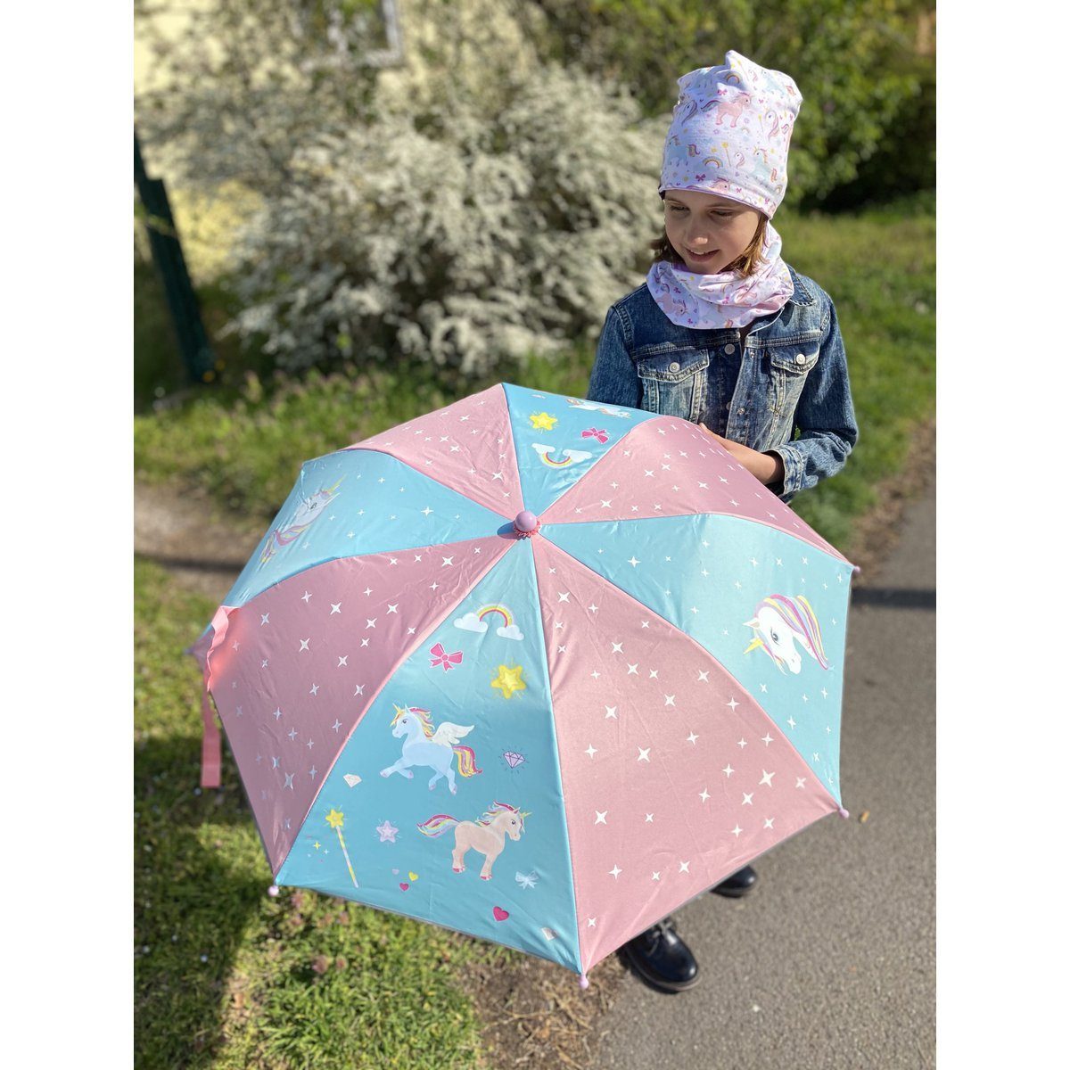 HECKBO Taschenregenschirm Kinder Farbe Einhorn, bei die Regenschirm Magic wechselt - Regen