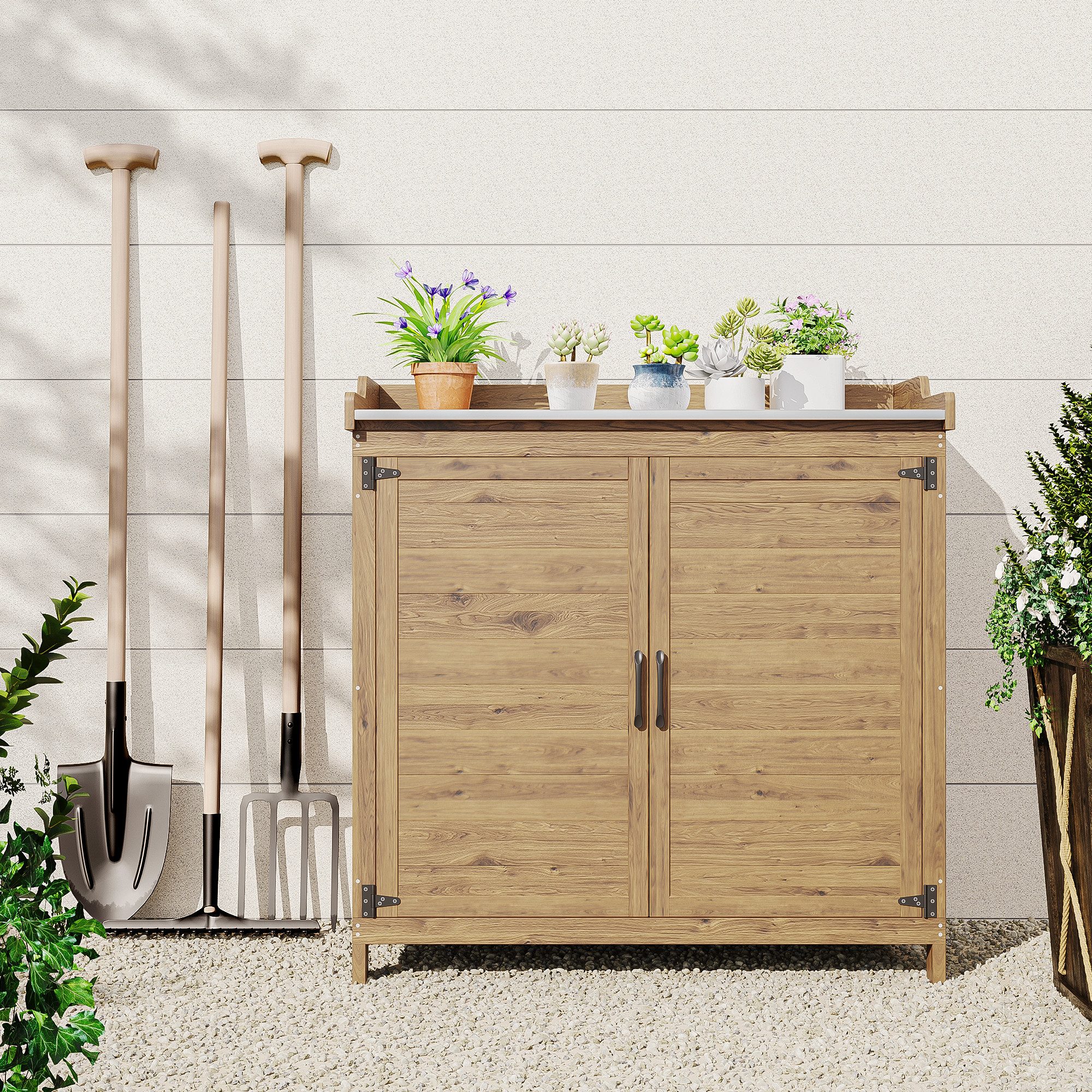 Bealife Garten-Geräteschrank Gerätehaus Geräteschrank, mit Arbeitsplatte, Asphaltdach, 98 x 48 x 95 cm,Natur, grau erhältlich