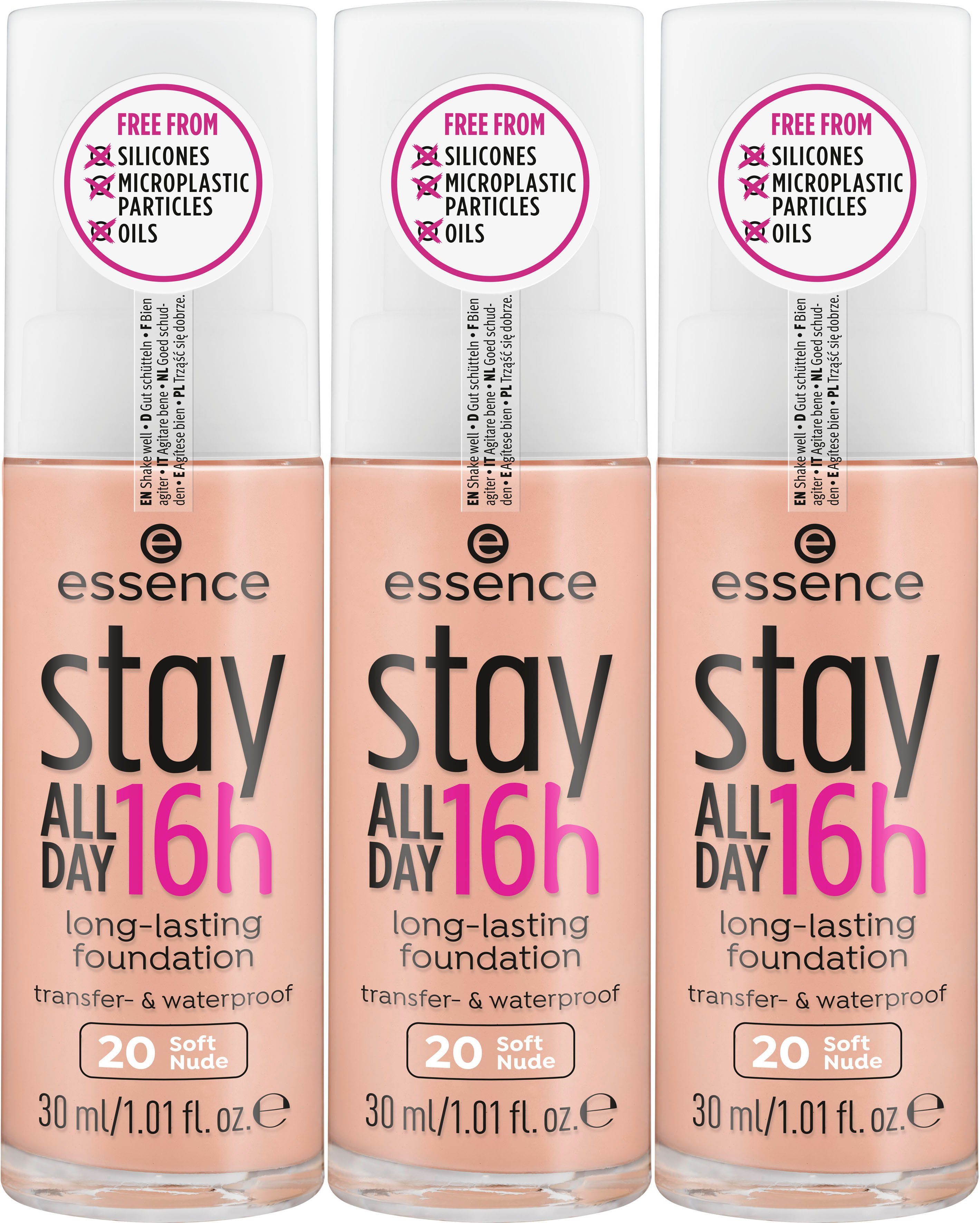 Essence Foundation STAY ALL DAY 16H LONG LASTING FOUNDATION, 3-tlg., mit wasserfester Textur für ein ebenmäßiges, mattes Finish