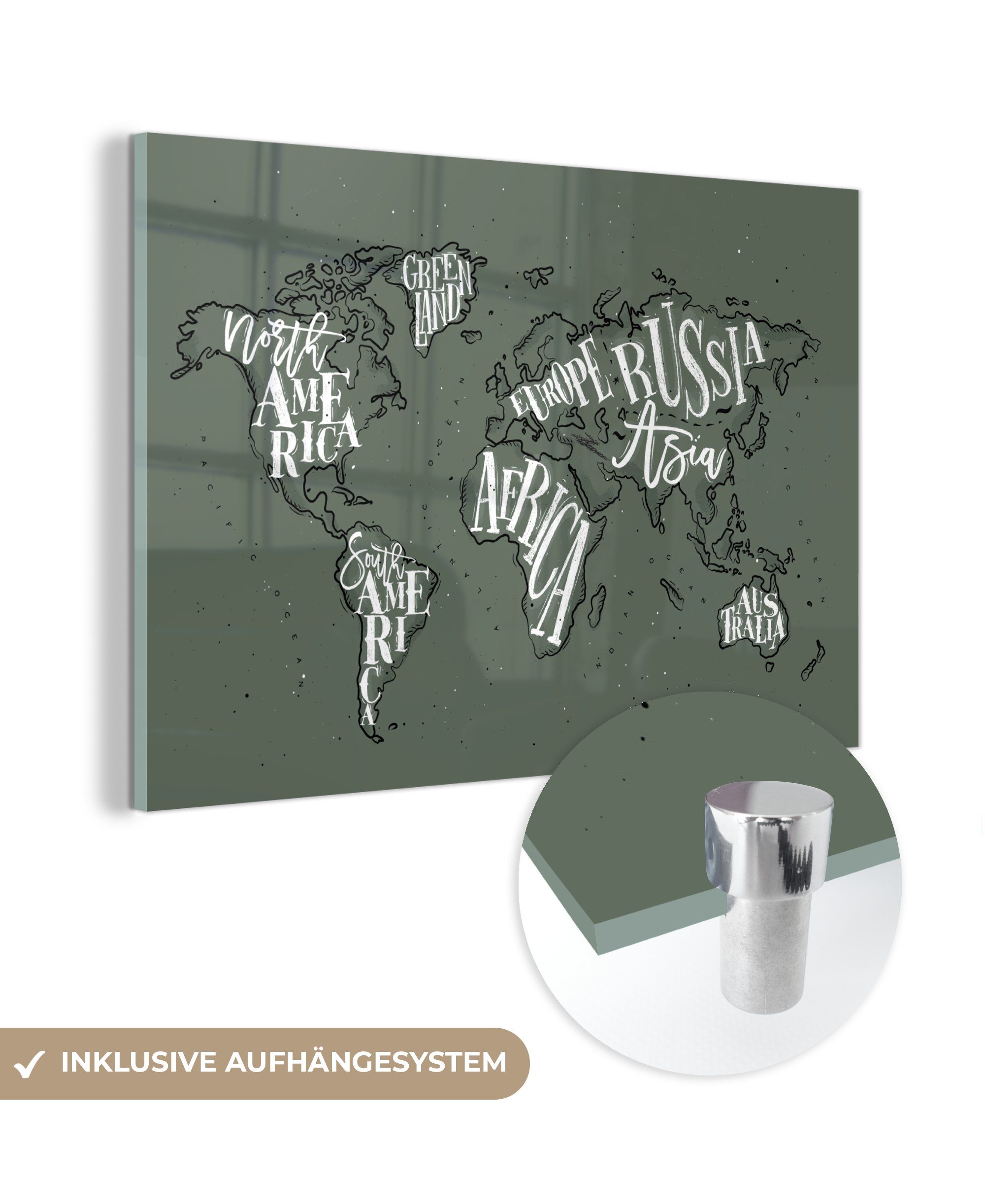 Weiß, Glas - auf Bilder - Glasbilder Wanddekoration - MuchoWow - Weltkarte (1 St), Grau Foto Glas Wandbild - Acrylglasbild auf