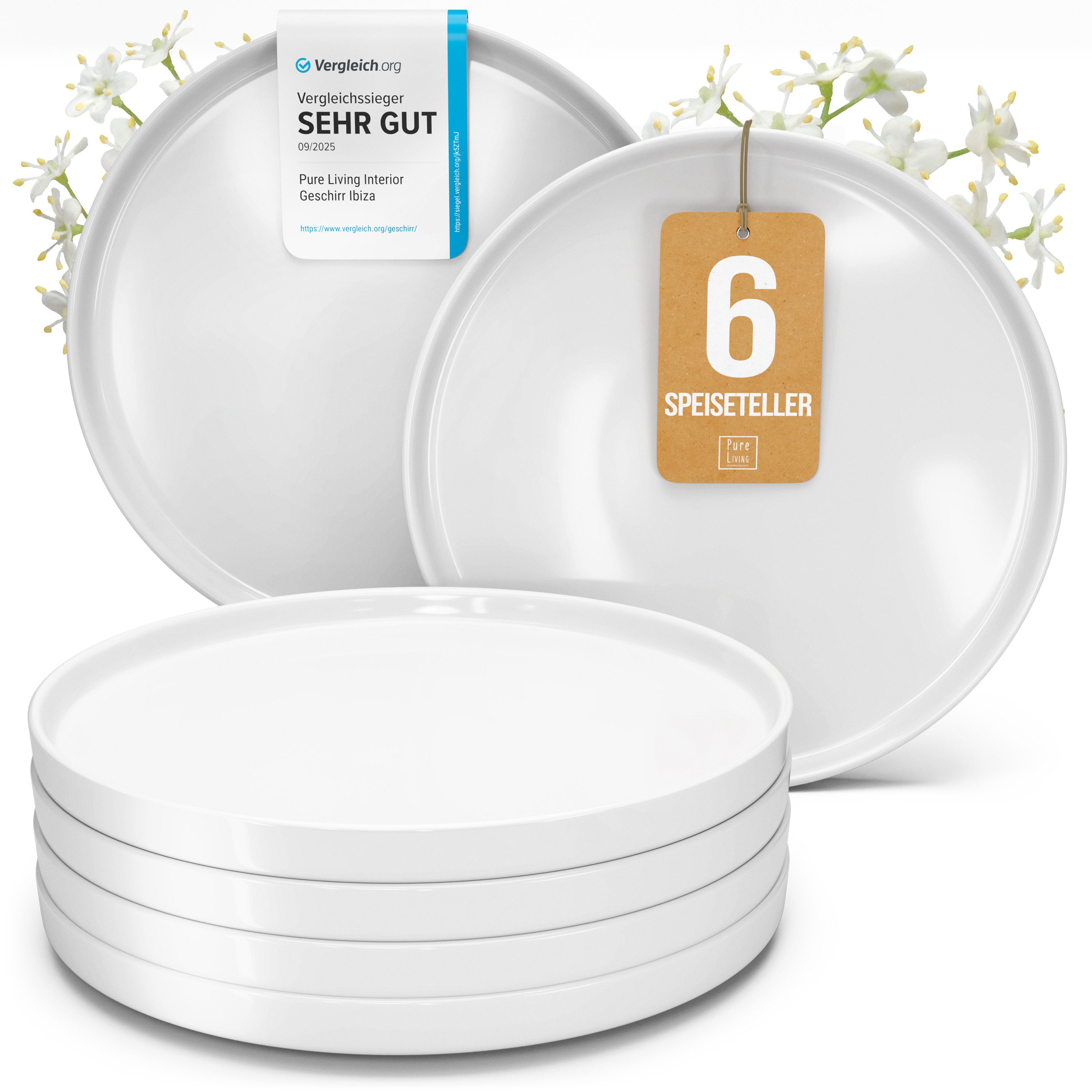 PURE LIVING INTERIOR DESIGN Geschirr-Set Crystal Speisseteller, Dinnerteller, 6er-Set, 26 cm, Weiß (6-tlg), 6 Personen, Porzellan
