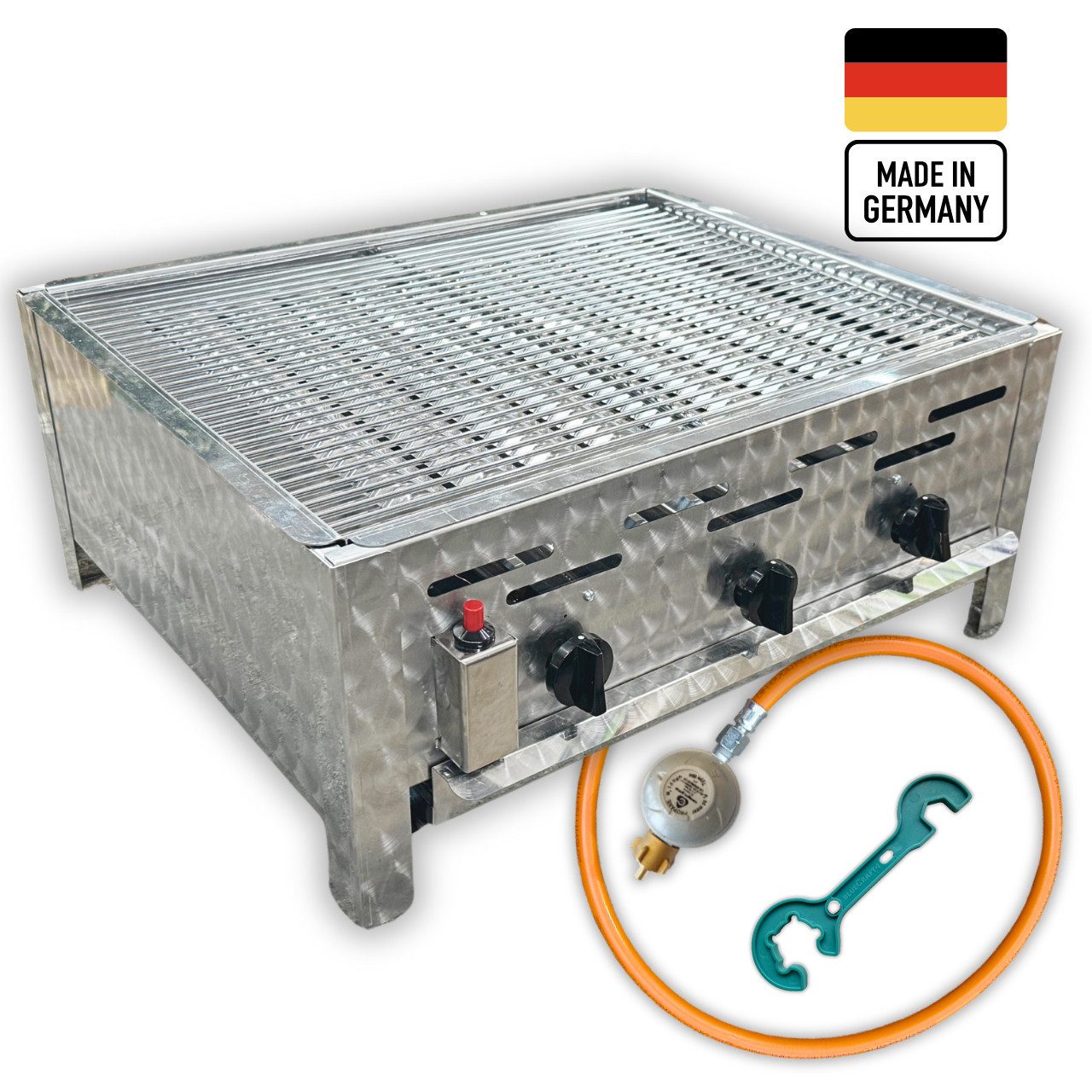 BlueCraft Gasgrill 3 flammig Brenner Edelstahl Gastrobräter Profi Gastrogasgrill mit Rost, mit Gas Schlauch und Druckminderer Tischgrill robust Made in Germany