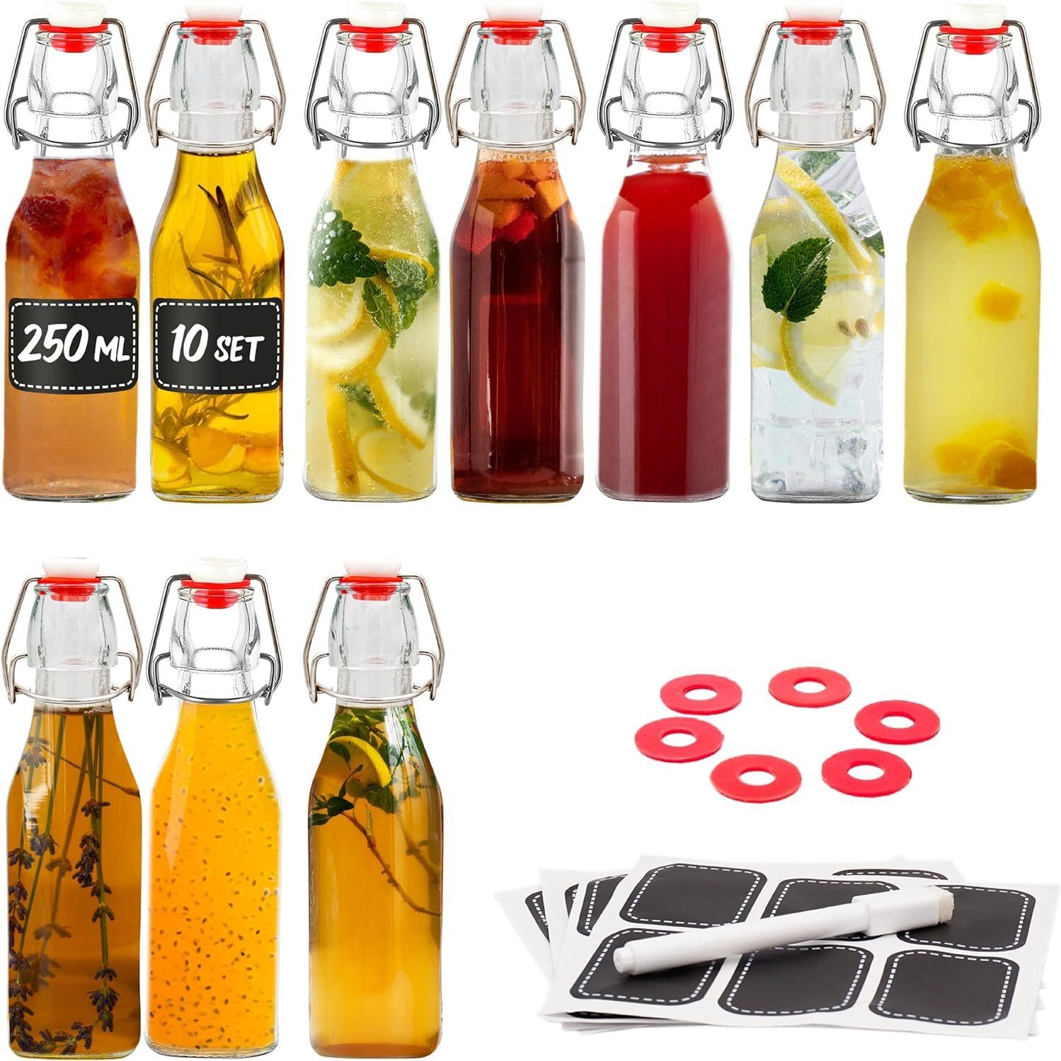 Praknu Trinkflasche 10er Set Glasflaschen 250ml Bügelverschluss Eckig - Bügelflaschen, Bügelverschluss Eckig - 10 Etiketten mit Stift und 10 Extra Dichtungen