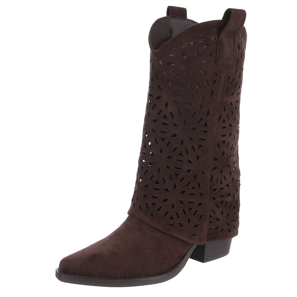 Ital-Design Moderne Damen-Stiefel mit Ausstanzungen für Alltag und Freizeit Westernstiefel (91117022) Blockabsatz Stiefel in Dunkelbraun