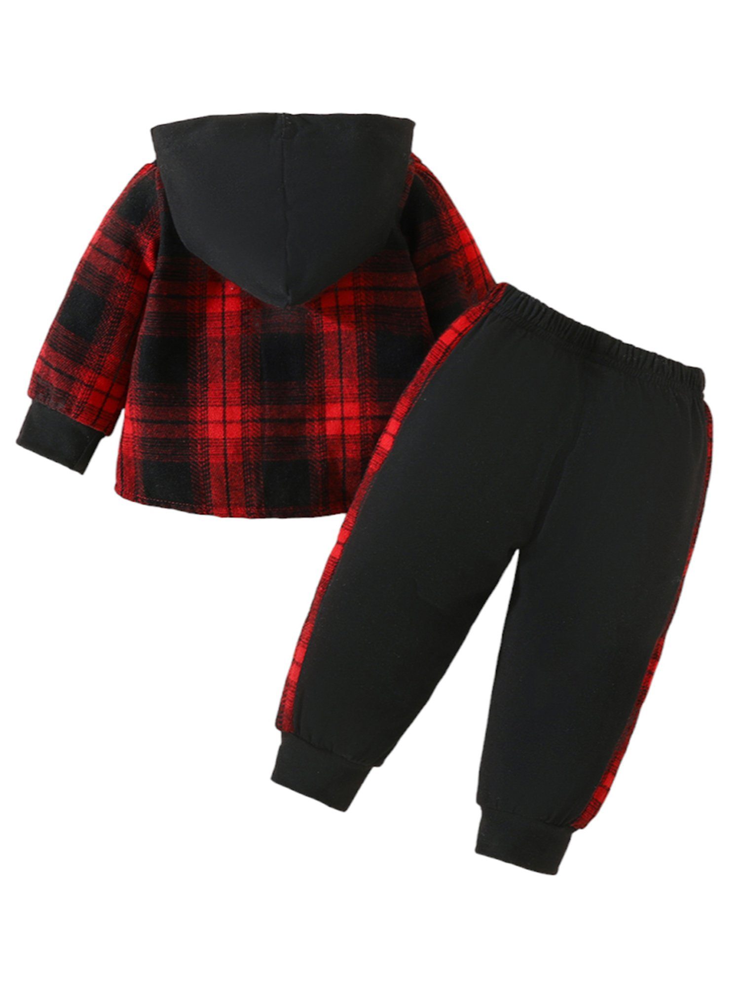 2-tlg) Langarmshirt für kariertes und Jungen, Kapuzen Anzug, Taille & elastische Kontrastfarbener Top Hose Hose Lapastyle Rot (Set, Klassisches Langarmanzug