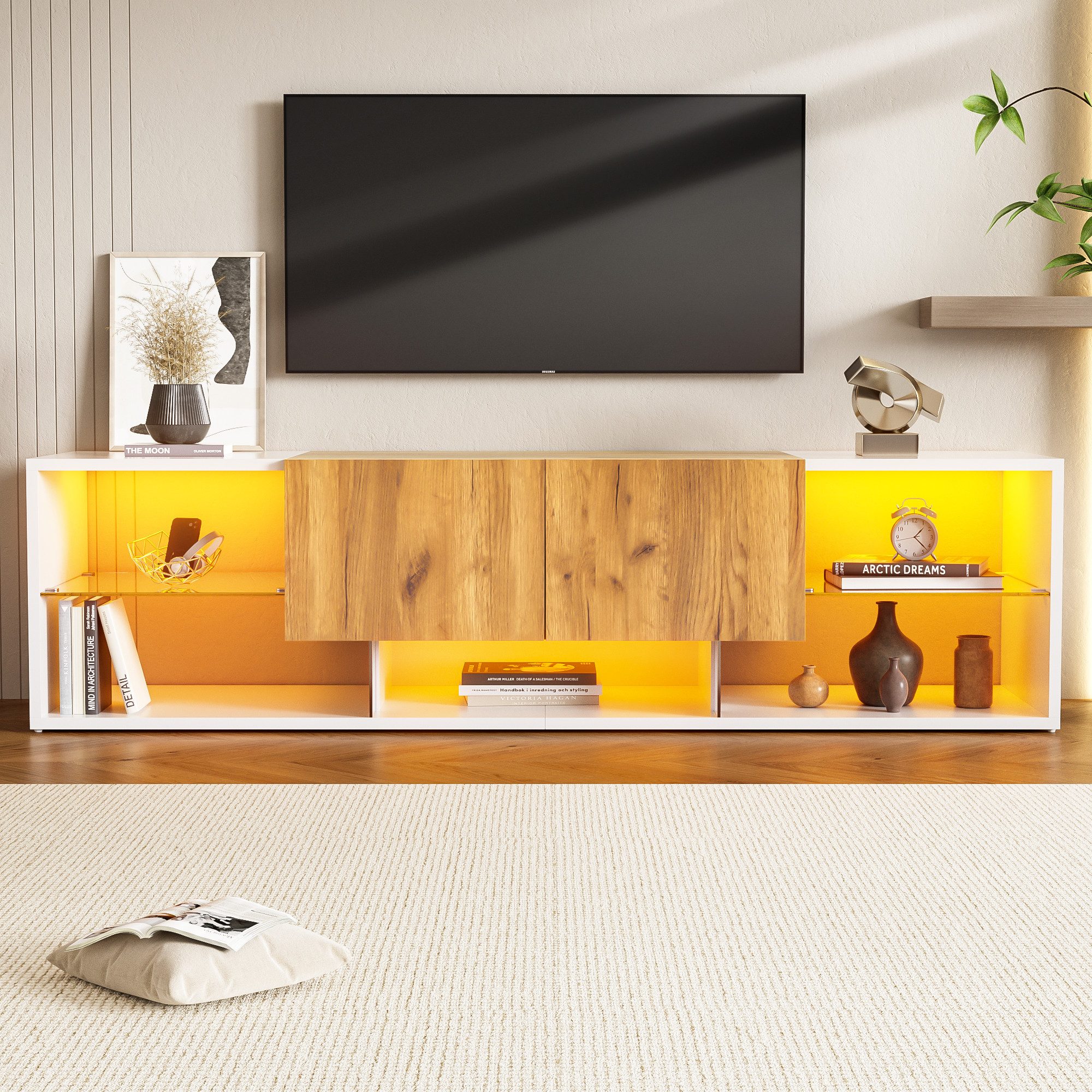KLAM HOME Lowboard Lowboard TV Unterschrank Für Geräte Bis 70 Zoll Mit LED Beleuchtung (Moderner TV Schrank Mit 2 Schubladen Und Glasplatte), Stilvolles Entertainment Center Für Wohnzimmer In Schwarz