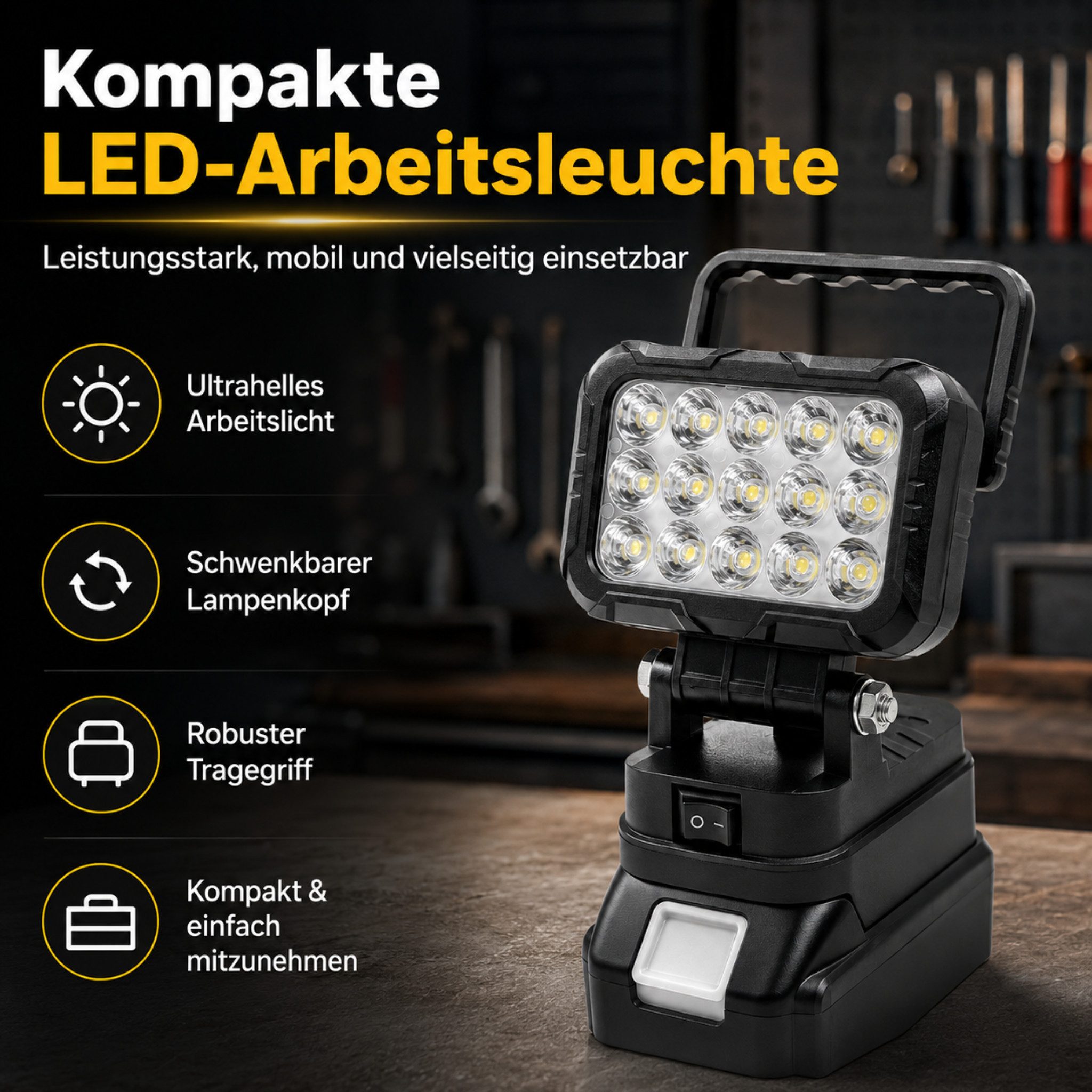 HS.SUPPLY LED Arbeitsleuchte 15 LED Akku-Arbeitsleuchte & Baustrahler schwenkbar, ohne Akku, LED fest integriert, 15 LEDs, Kaltweiß, Tageslichtweiß, 15 LEDs, Schwenkbarer Leuchtenkopf, Kabellos