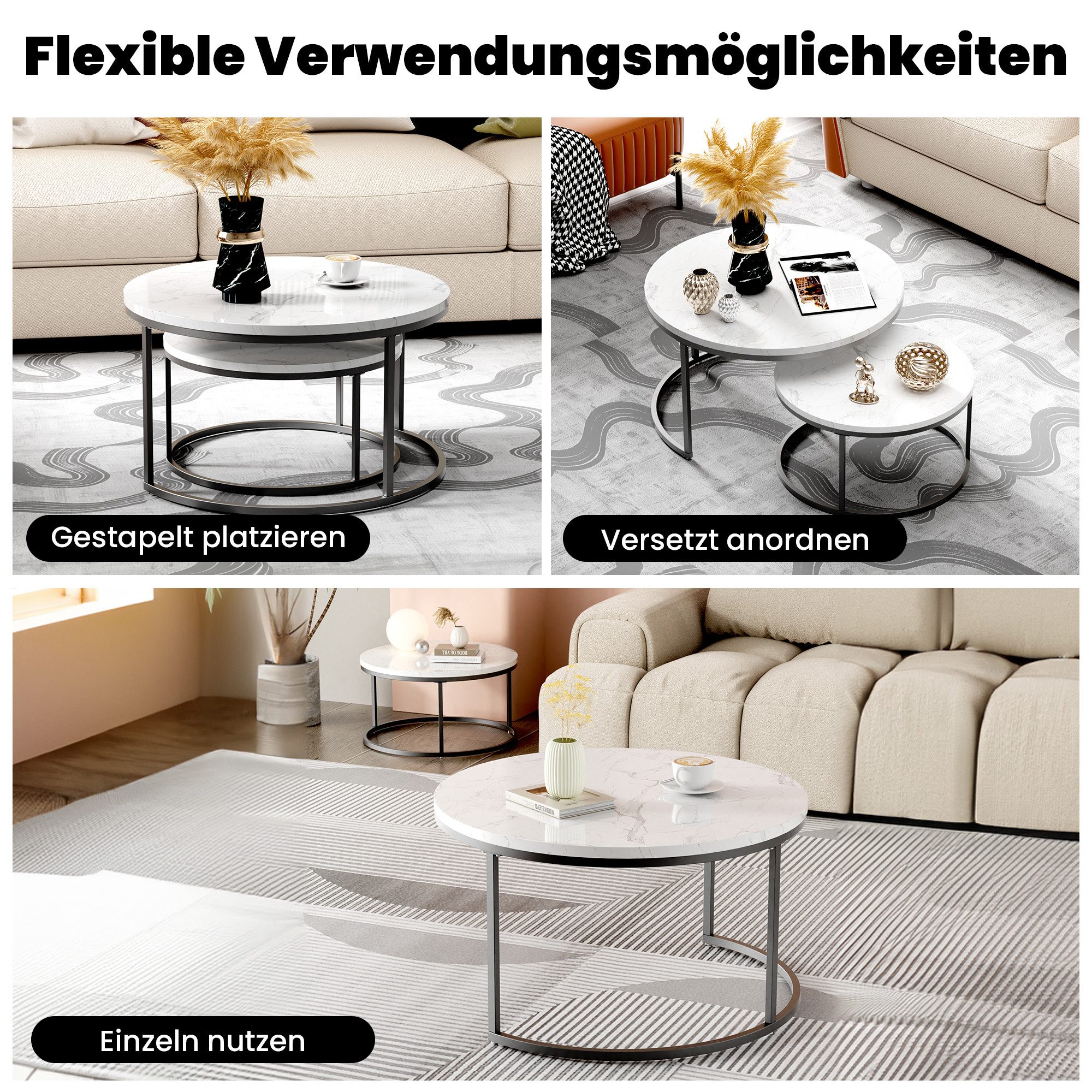 STILVORA Couchtisch Wohnzimmertisch Satztisch stapelbarer Beistelltisch mit Bodenschutz (elegantem Design, 2-St., Stabiler Eisenrahmen & leicht zu reinigende MD – Bild 4 von 5