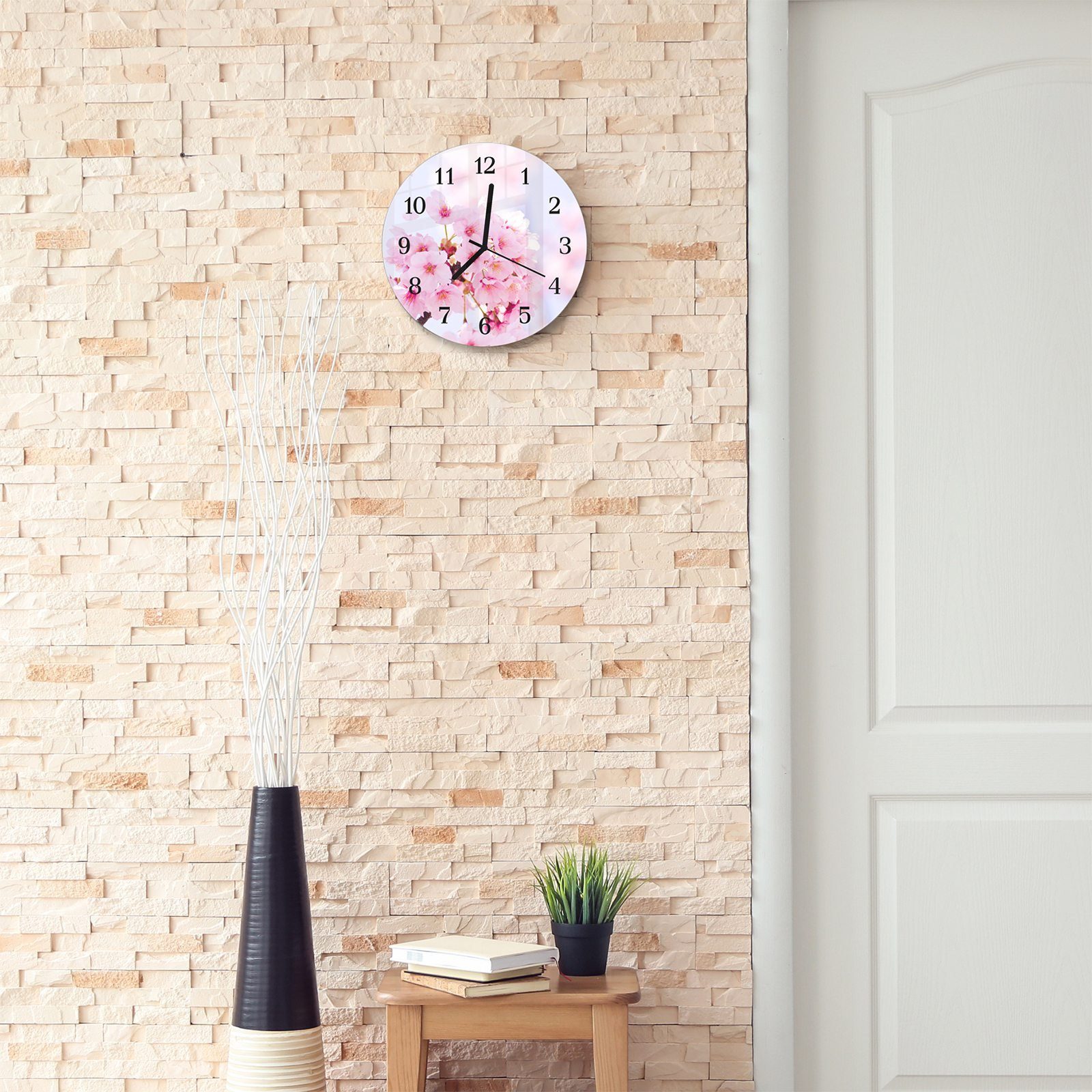 Glas Wanduhr Rund Blütenzweige Motiv und 30 cm mit aus Primedeco mit - Quarzuhrwerk Wanduhr Durchmesser