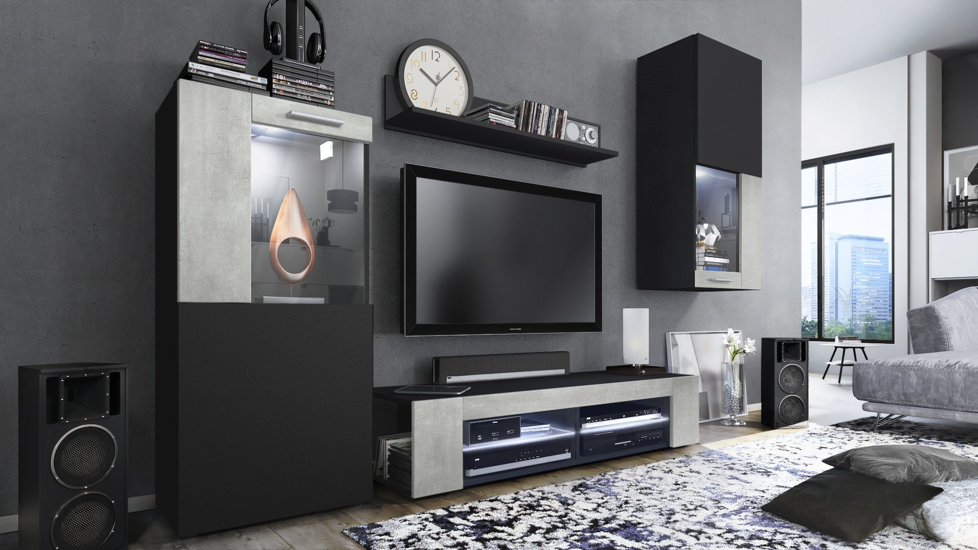 Vladon Wohnwand Movie, (Anbauwand, 5-St., bestehend aus 1 TV-Board, 2 Vitrinen und 1 Regal), Schwarz matt/Beton Oxid-Optik mit Beleuchtung (300x190x39 cm)