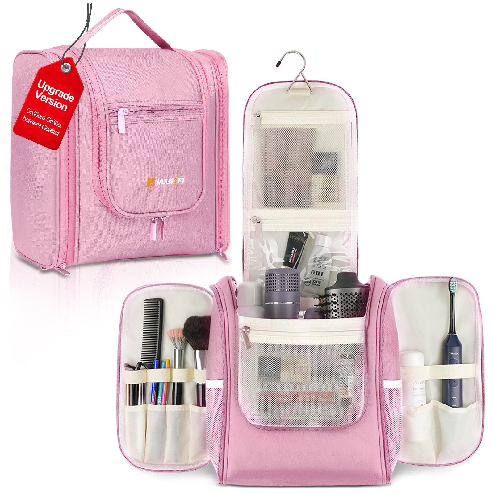 SIMLOVEVE MULISOFT Kosmetiktasche Kulturbeutel für Frauen und Männer Großes Fassungsvermögen (Schwarz), Wasserdicht mit Aufhängehaken,16 Fächer Portable Reise Make Up Tasche