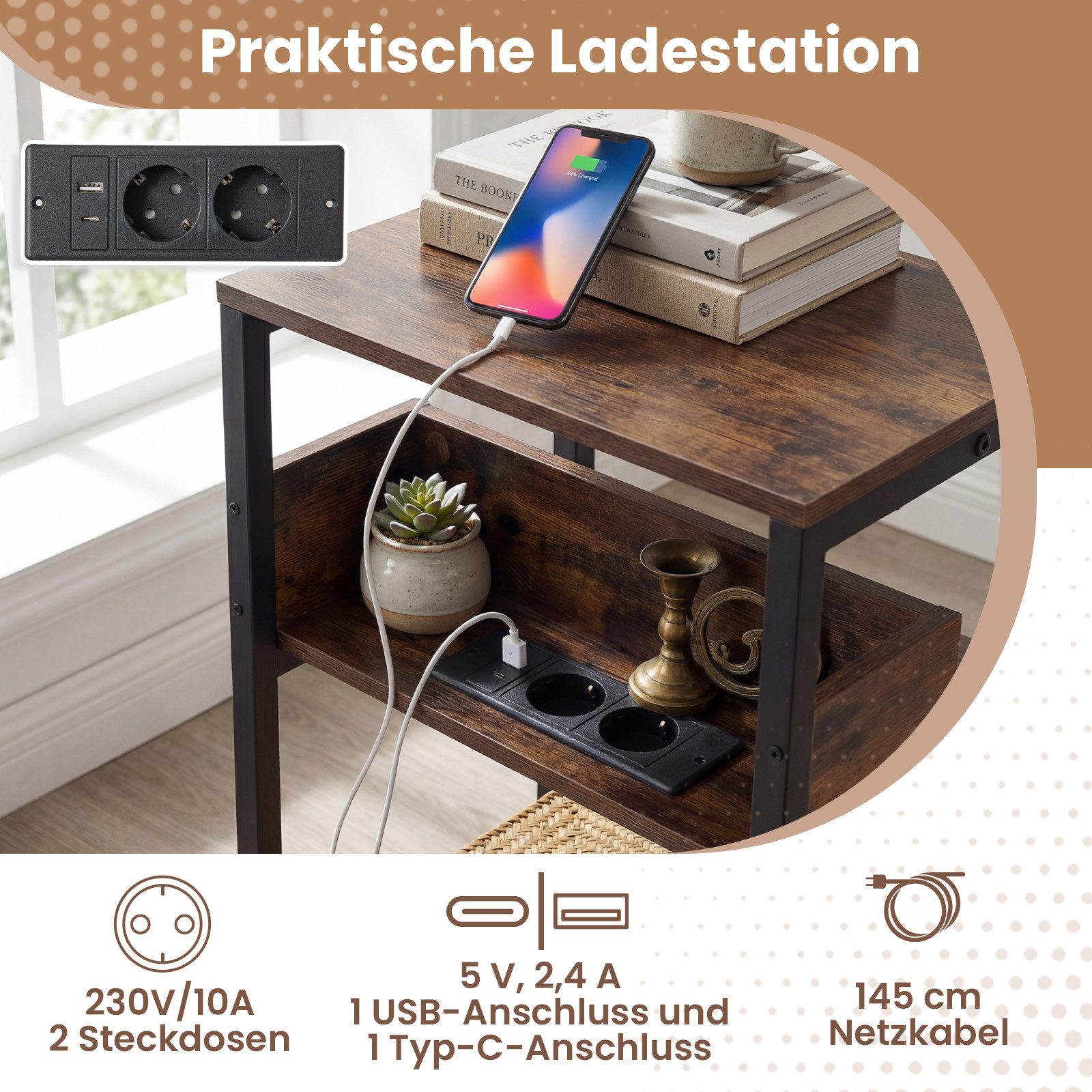 COSTWAY Beistelltisch, mit Ladestation Nachttisch schmal industriell