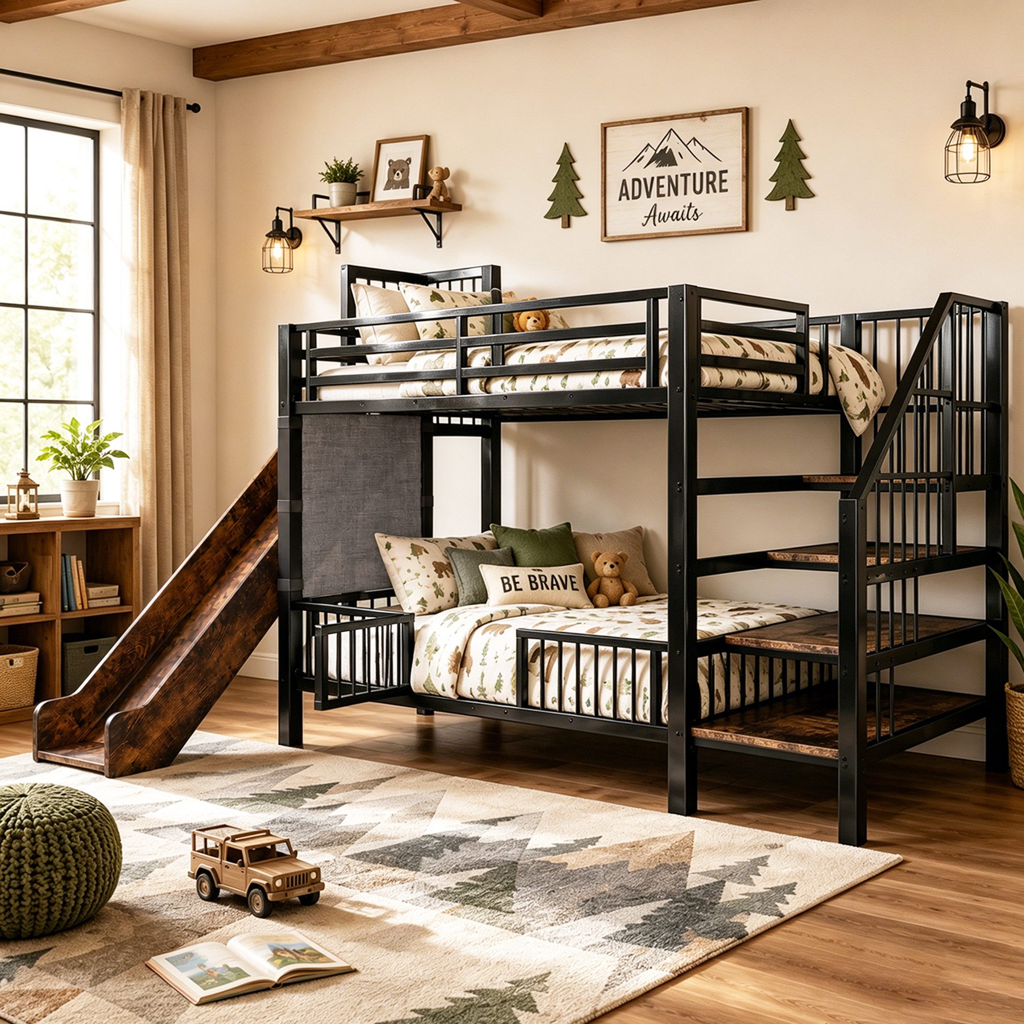 Flieks Etagenbett, Metallbett Kinderbett 90×200cm mit Schutzgitter, Rutsche und Treppe