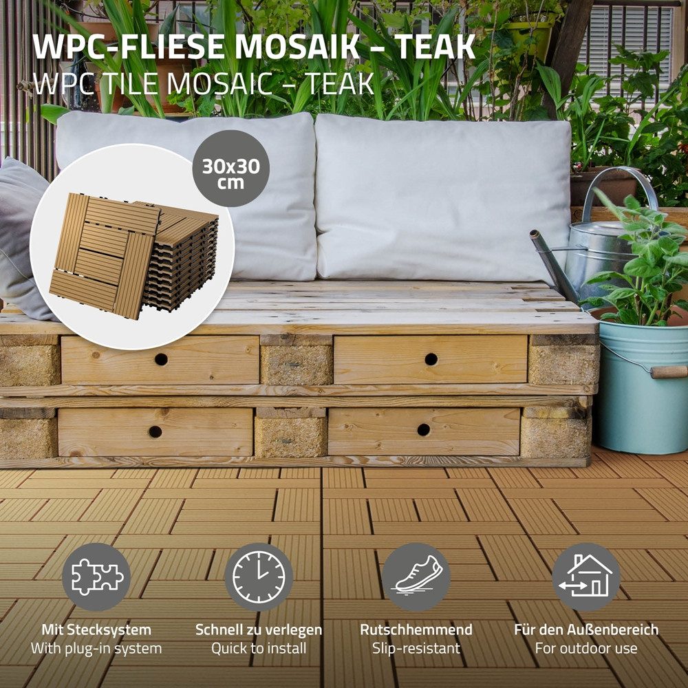 ECD Germany Terrassendielen WPC Bodenplatte Terrassenfliesen Fliesen mit Drainage und Klicksystem, BxL: je 30x30 cm, 22 mm Stärke, Bodenbelag 1m²/11 Stück Teak rutschfest Balkonfliesen