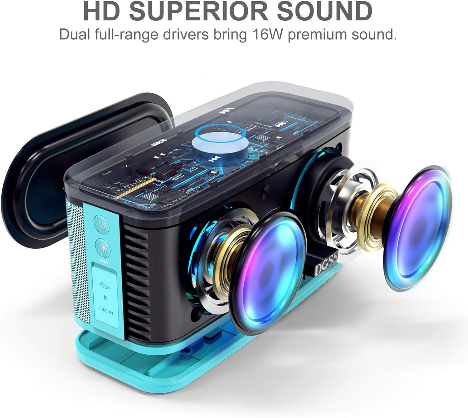 DOSS Stereo Wireless Lautsprecher (Bluetooth, Touch-Steuerung, Wasserdicht) 16 W, Dual-Bass Lichter, Akku 20h Musikbox IPX5