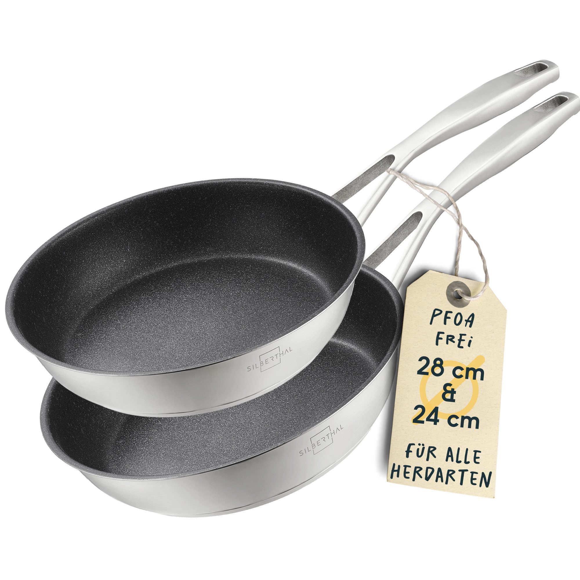 SILBERTHAL Bratpfanne 2er Set 24 & 28 cm, beschichtet, Induktion, Edelstahl (2-tlg), für alle Herdarten, backofenfest