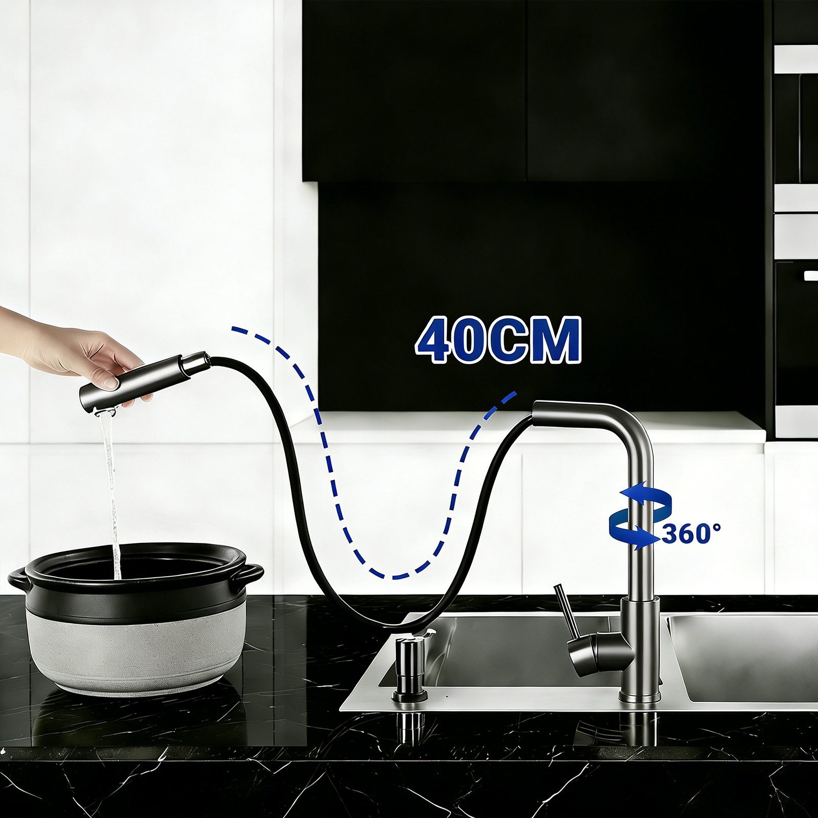 AICA Küchenarmatur Wasserhahn Küche Hochdruck, 360° schwenkbar & ausziehbar, Edelstahl mit 2 Strahlarten, 40cm Auszug & Mischbatterie für alle Spülbecken – Bild 4 von 5