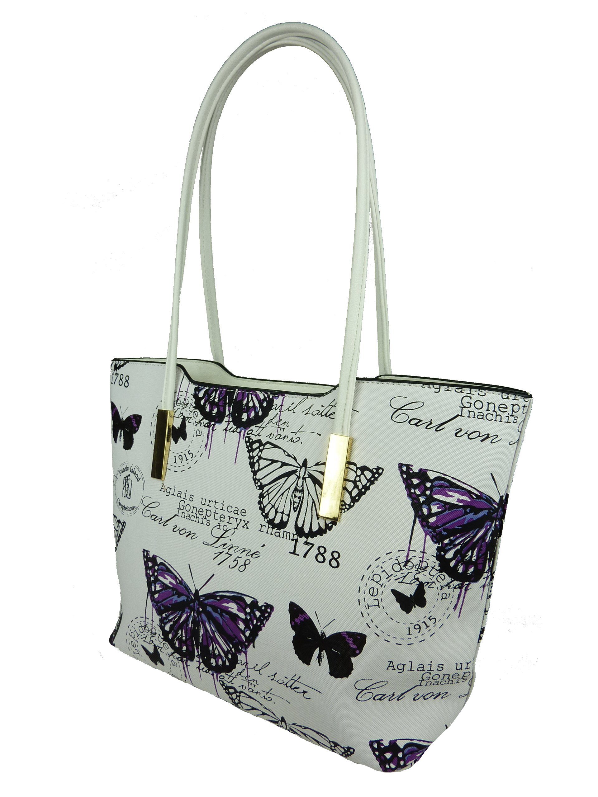 1803, Butterfly Stil, im mehrfarbig Schmetterling Shopper Sommertasche retro Damen Taschen4life Henkeltasche große Henkel Motive, lange lila Vintage