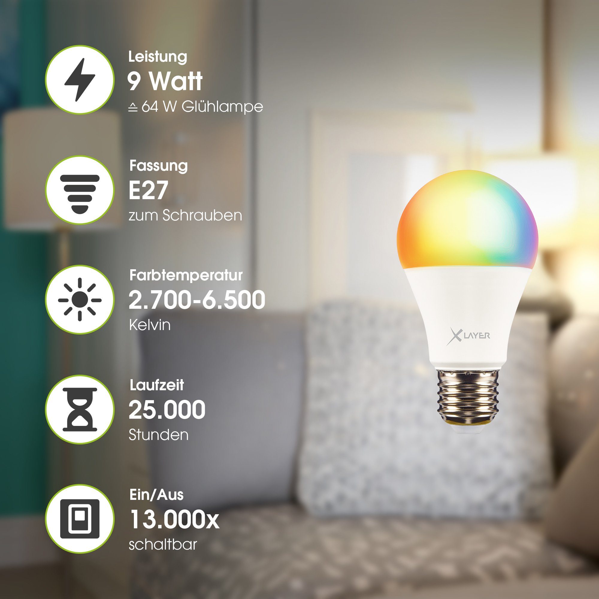 XLAYER Smarte LED-Leuchte WLAN und Echo LED E27 Mehrfarbig 9W Warm- Kaltweiß Dimmbar Smart Lampe
