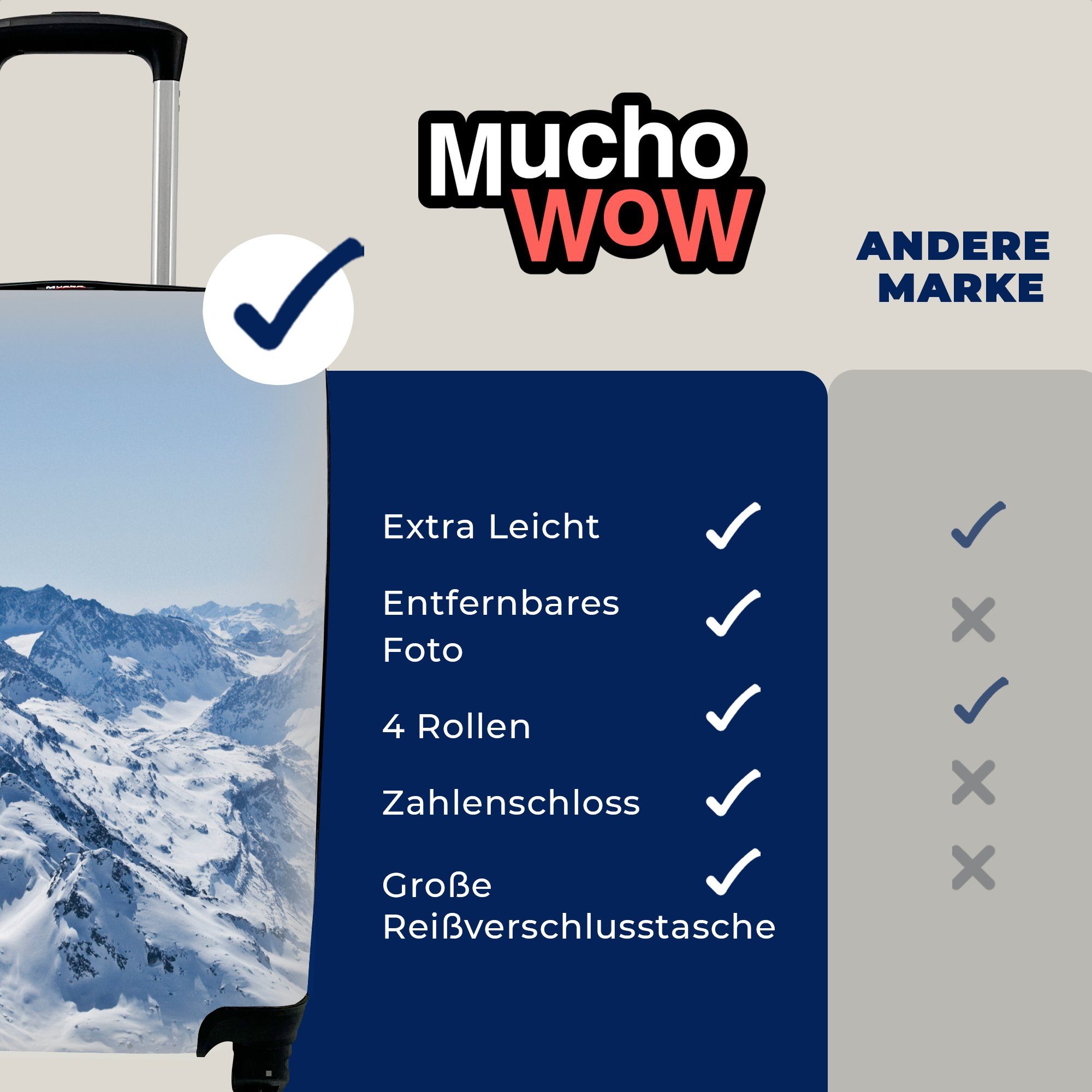 MuchoWow Handgepäckkoffer Alpen mit - Ferien, Rollen, Trolley, für Reisetasche rollen, Schnee, Reisekoffer Handgepäck 4 Berg 