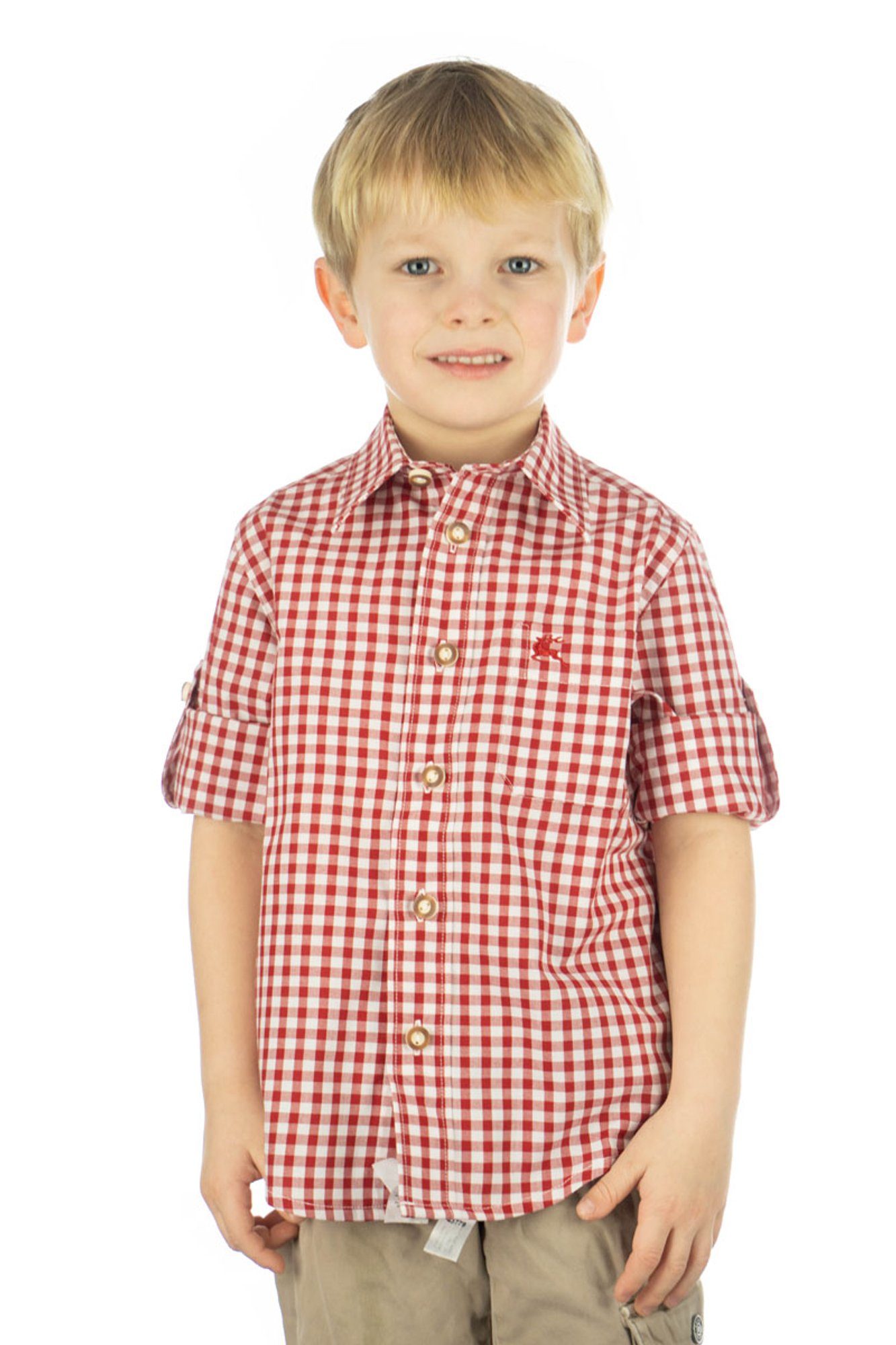OS-Trachten Trachtenhemd Lafoa Langarmhemd Jungen mit aufgesetzter Brusttasche mit Hirsch-Stickerei mittelrot
