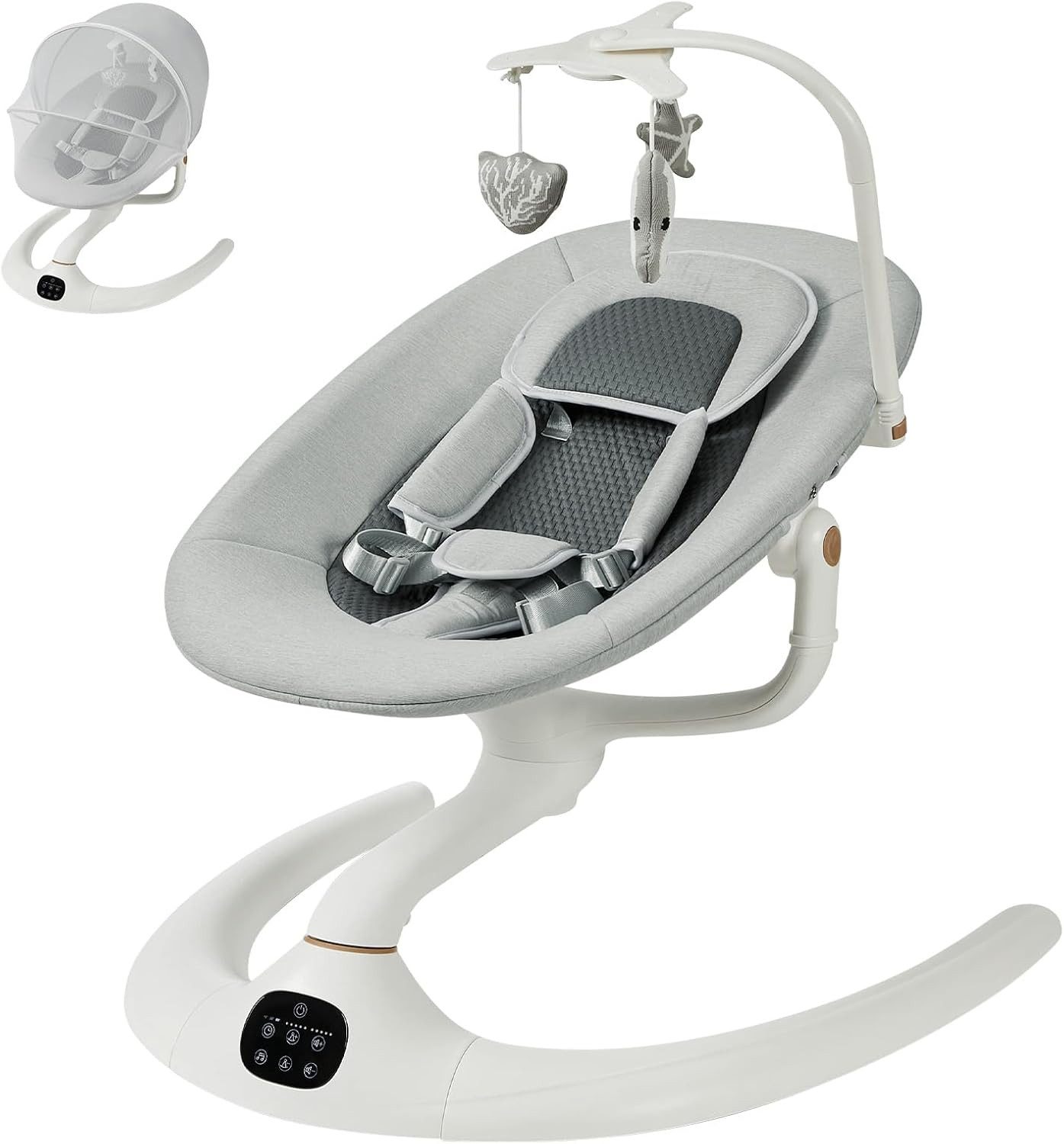 GarveeMore Babywippe Elektrische Babywippe mit Spielzeug, Babywippe mit Sicherheitsgurt, Bequeme Babyschaukel mit Hängespielzeug, Sicherheitsgurt