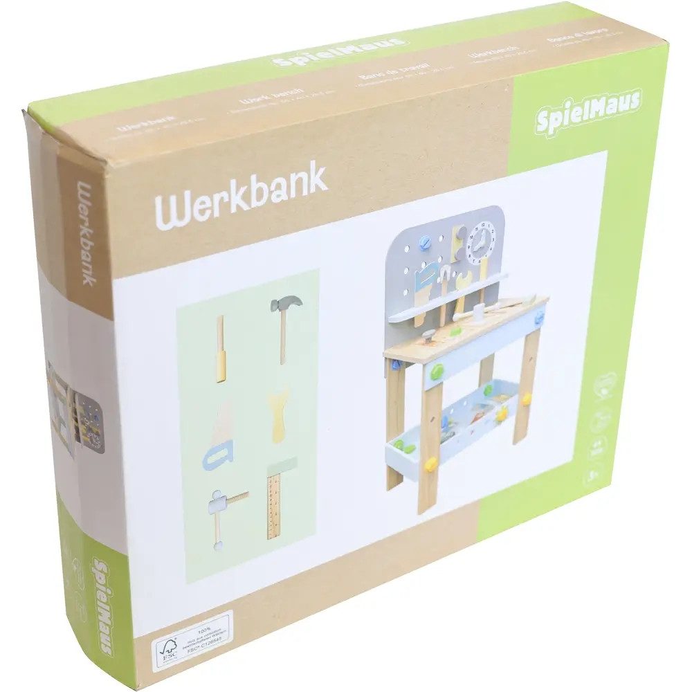 Vedes Werkbank SpielMaus Holz Werkbank 40x26,5x65 cm, 44 Teile
