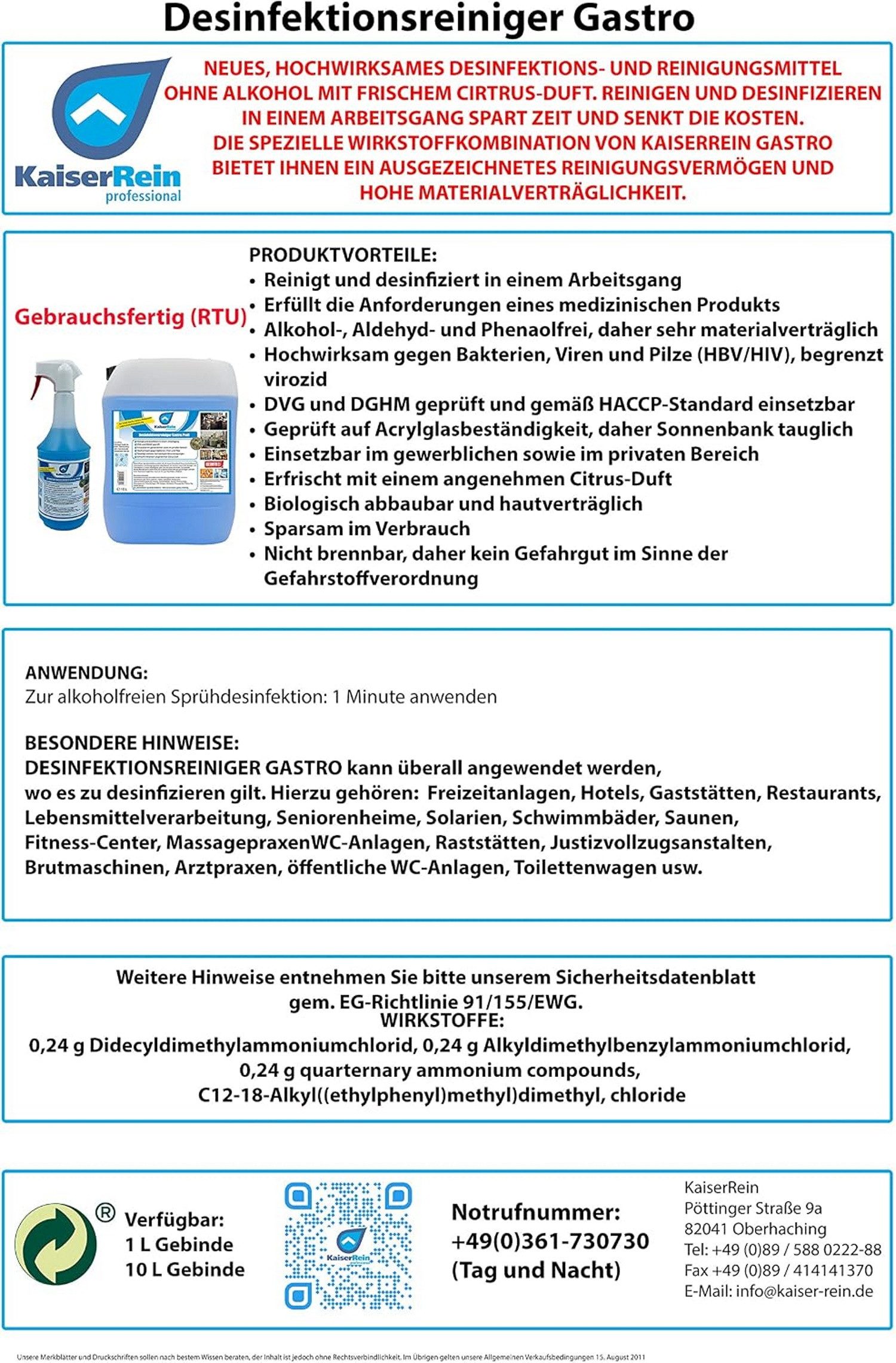 KaiserRein Desinfektionsspray Gastro Profi Allzweckreiniger (Gebrauchsfertig, Alkoholfrei, Materialschonend, Desinfizierend)