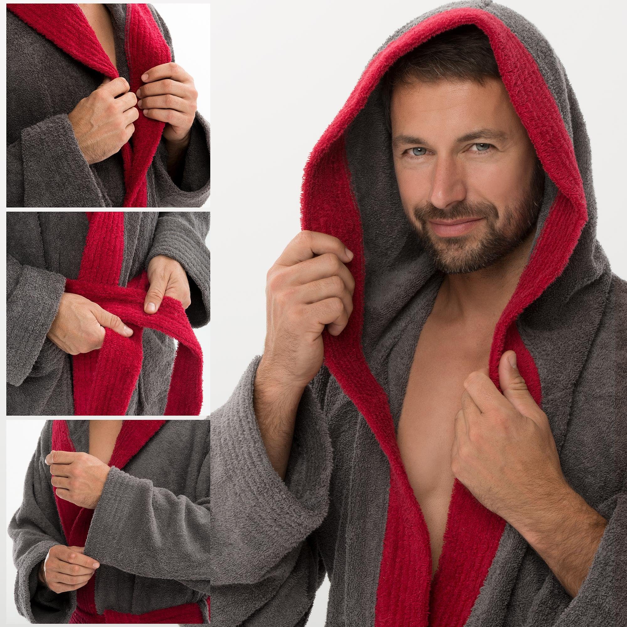 aqua-textil Bademantel Saunamantel Frottee Kapuze für Sie&Ihn Sylt anthrazit/bordeaux M, Baumwolle