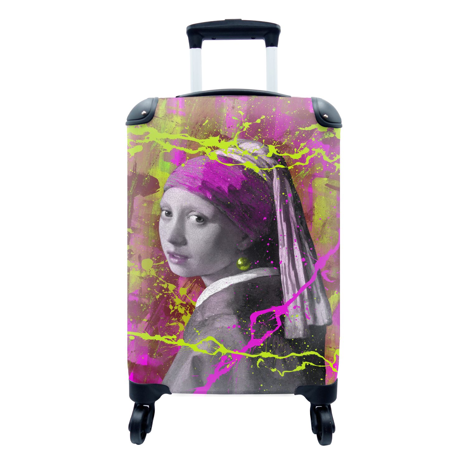 4 dem Das Trolley, Johannes Reisetasche - Handgepäckkoffer Handgepäck Vermeer Neon, mit - Rollen, mit Perlenohrring für Reisekoffer Mädchen rollen, MuchoWow Ferien,