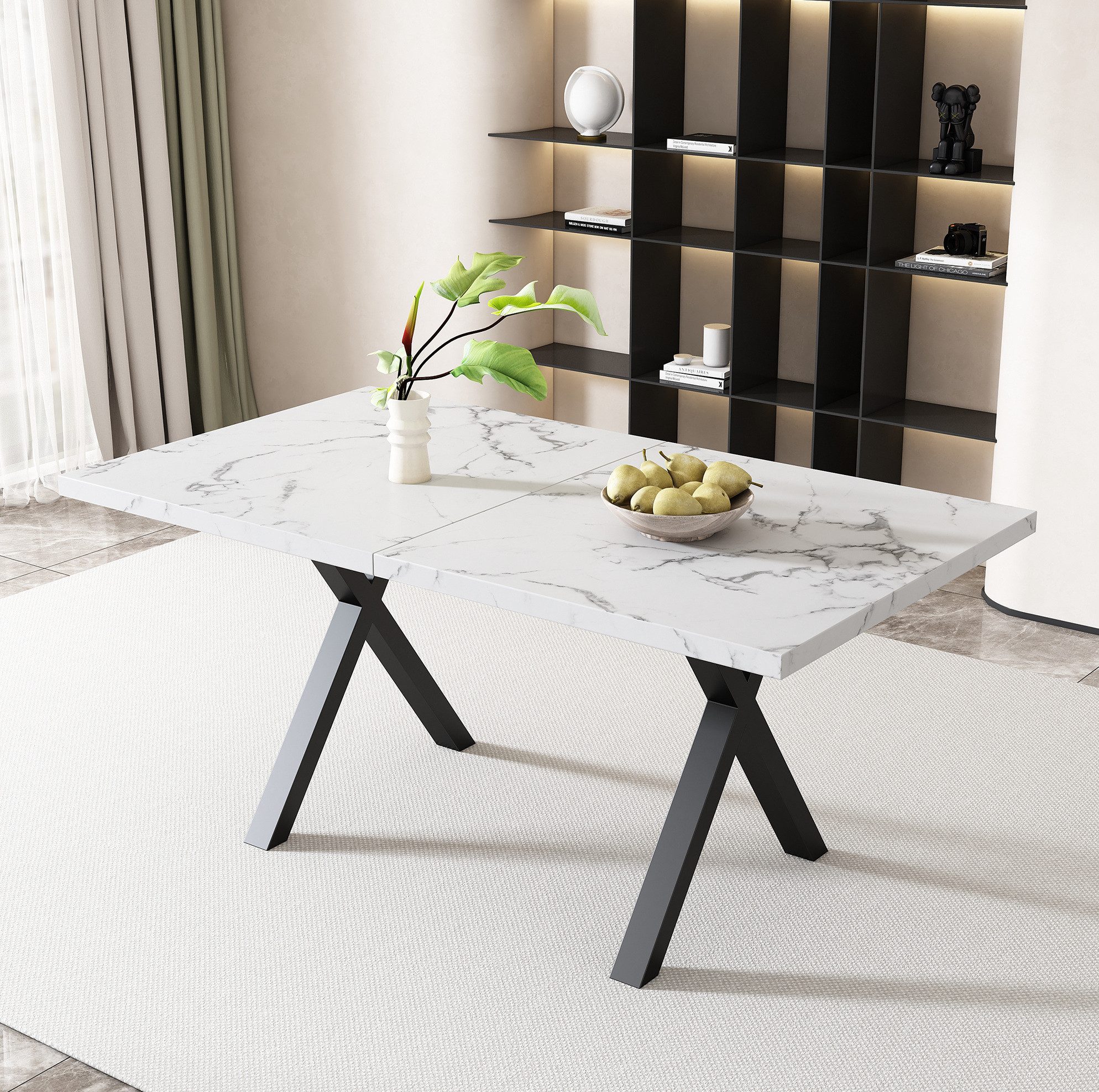 REDOM Esstisch Tisch mit gekreuzten Beinen – 140×80×76 cm (1-St., Schwarz+Weiß, für Esszimmer & Wohnzimmer), Marmorstruktur, stabil, vielseitig