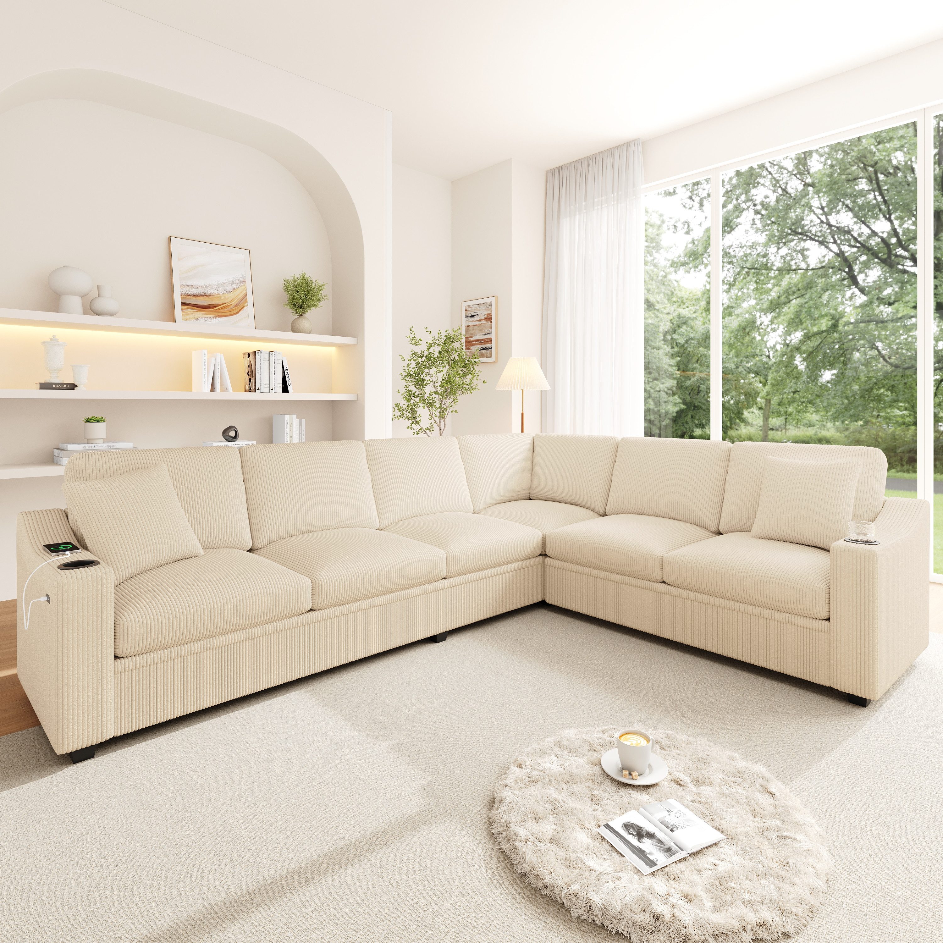 Merax Ecksofa mit USB & Type-C Schnellladeanschluss, L-förmiges Modulsofa Cordstoff, 277 × 215 × 85 cm 1 Teile, 6-Sitzer-Sofa mit 2 Getränkehaltern & 2 Kissen, große Wohnlandschaft