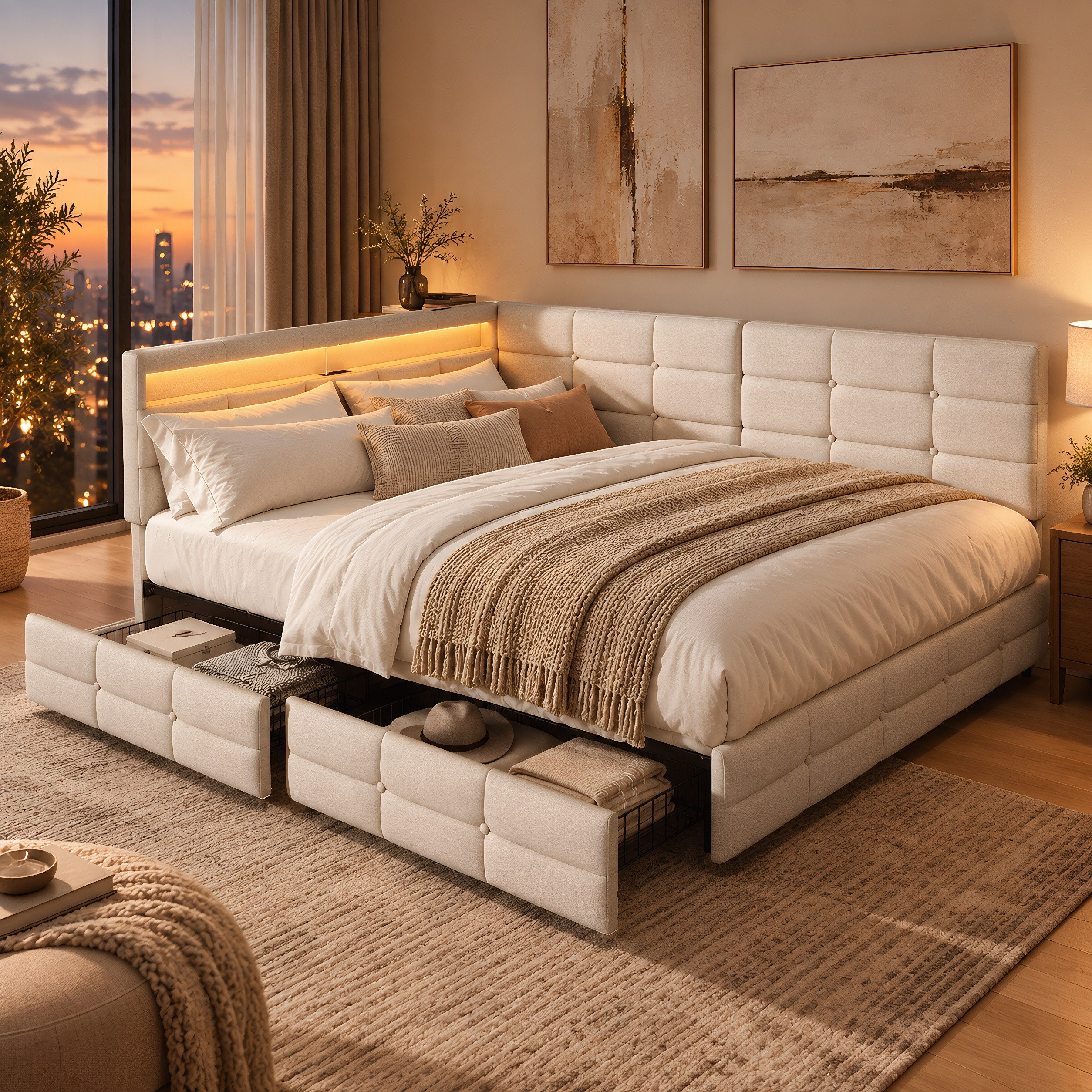 Simurq Polsterbett Daybett mit LED-Beleuchtung & USB, Tagesbett Jugendbett (1-tlg., in 2 Größen verfügbar), Schlafsofa Sofabett mit 2 Schubladen