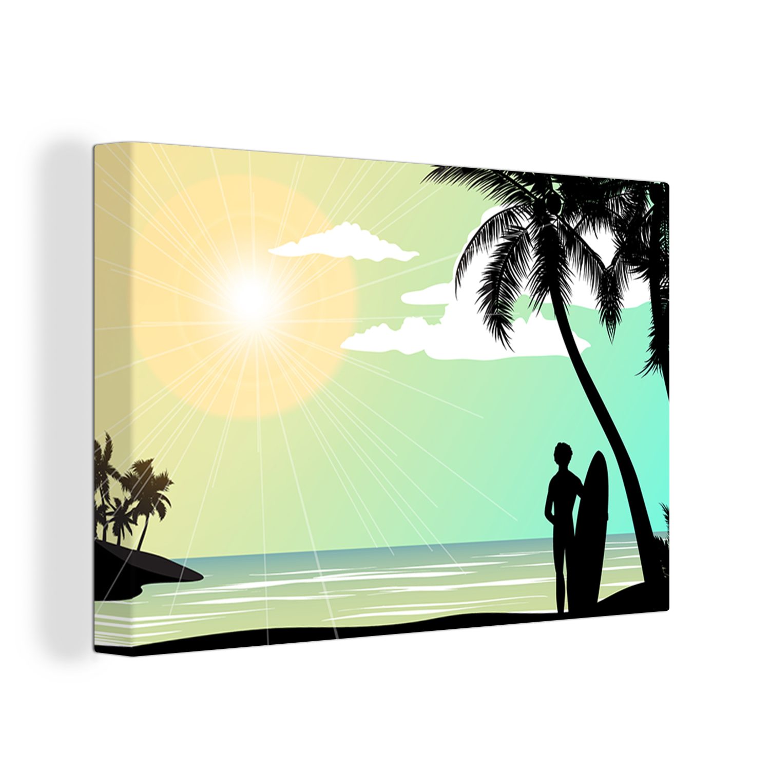 OneMillionCanvasses® Leinwandbild Meer - Surfen - Sonne - Palme, (1 St), Wandbild Leinwandbilder, Aufhängefertig, Wanddeko, 30x20 cm