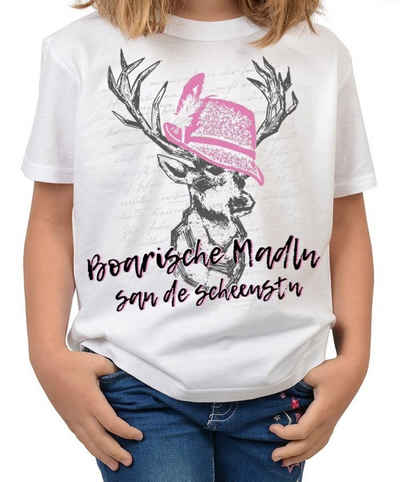 Tini - Shirts T-Shirt Mädchen Trachten Shirt Bayrisch Trachten-Motiv Hirsch T-Shirt für Mädchen : Boarische Madln san de scheenstn -- Volksfest