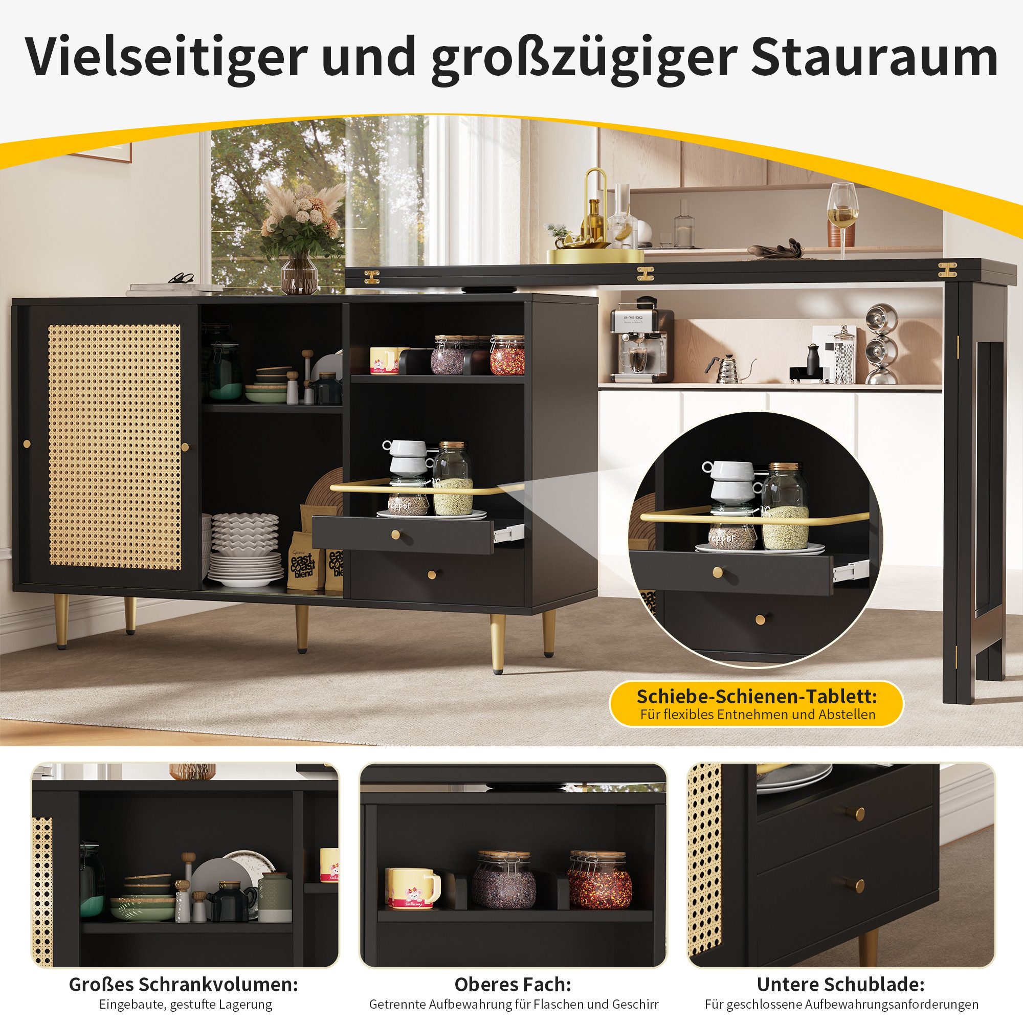 STILVORA Bartisch mit Tischplatte ausziehbar,Beistellschrank Küchenschrank 360° drehbar (Stehtisch Bistrotisch, Ausziehbarer Esstisch, 2 Rattantür, 2 Schubladen und offenes Lagerregal), mit erweiterbarem Stehtisch