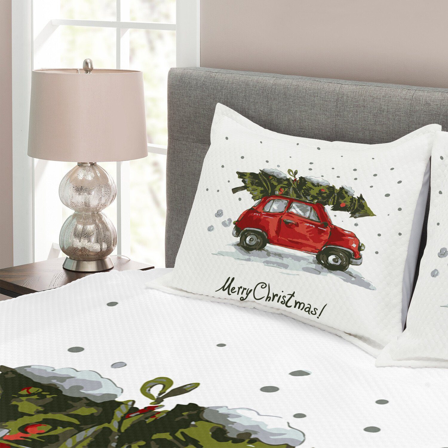 Tagesdecke Set Retro-Auto Waschbar, Weihnachten mit Abakuhaus, mit Kissenbezügen Baum
