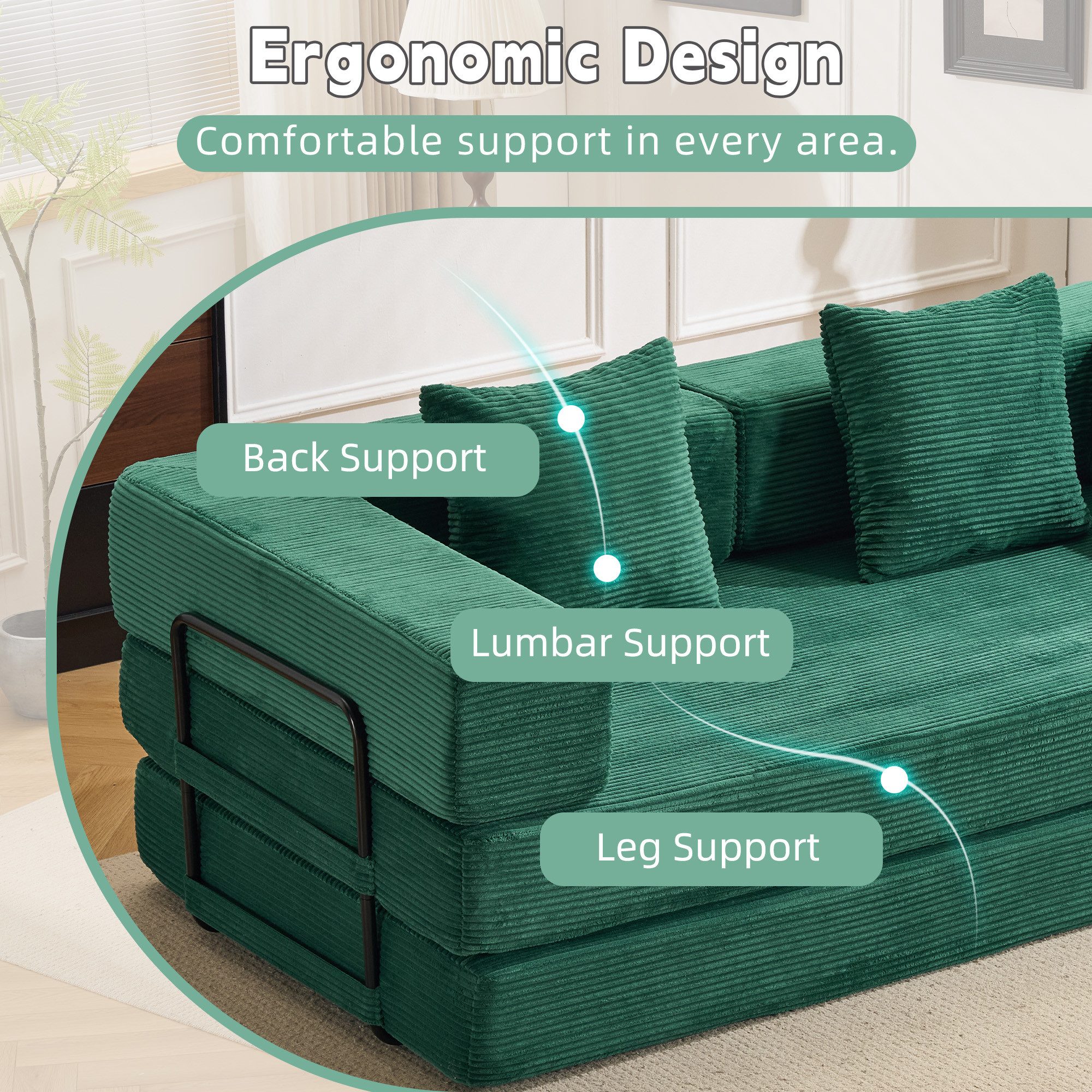 CANMOV Schlafsofa Sofa mit Bettfunktion aus Cord, 3-Sitzer Couch, umwandelbar Sofas, Set, Modulares Sofa mit kissen, umwandelbar zum Schlafsofa