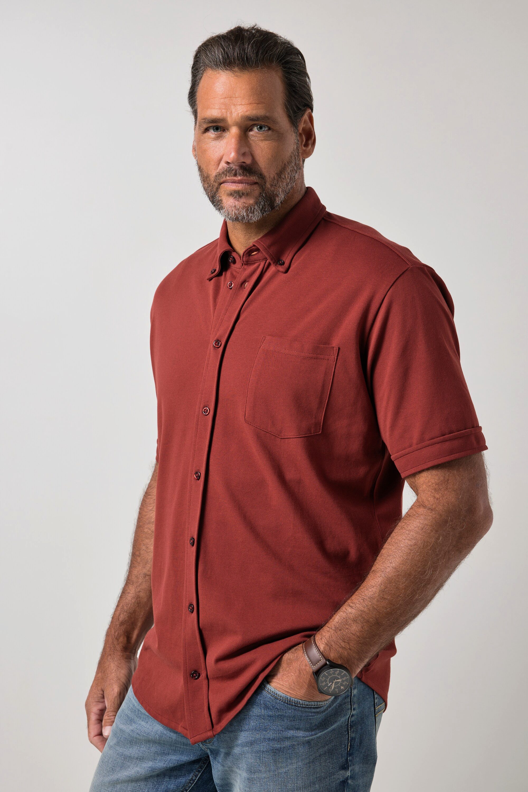 JP1880 Kurzarmhemd Piqué-Hemd FLEXNAMIC® Halbarm Buttondown-Kragen