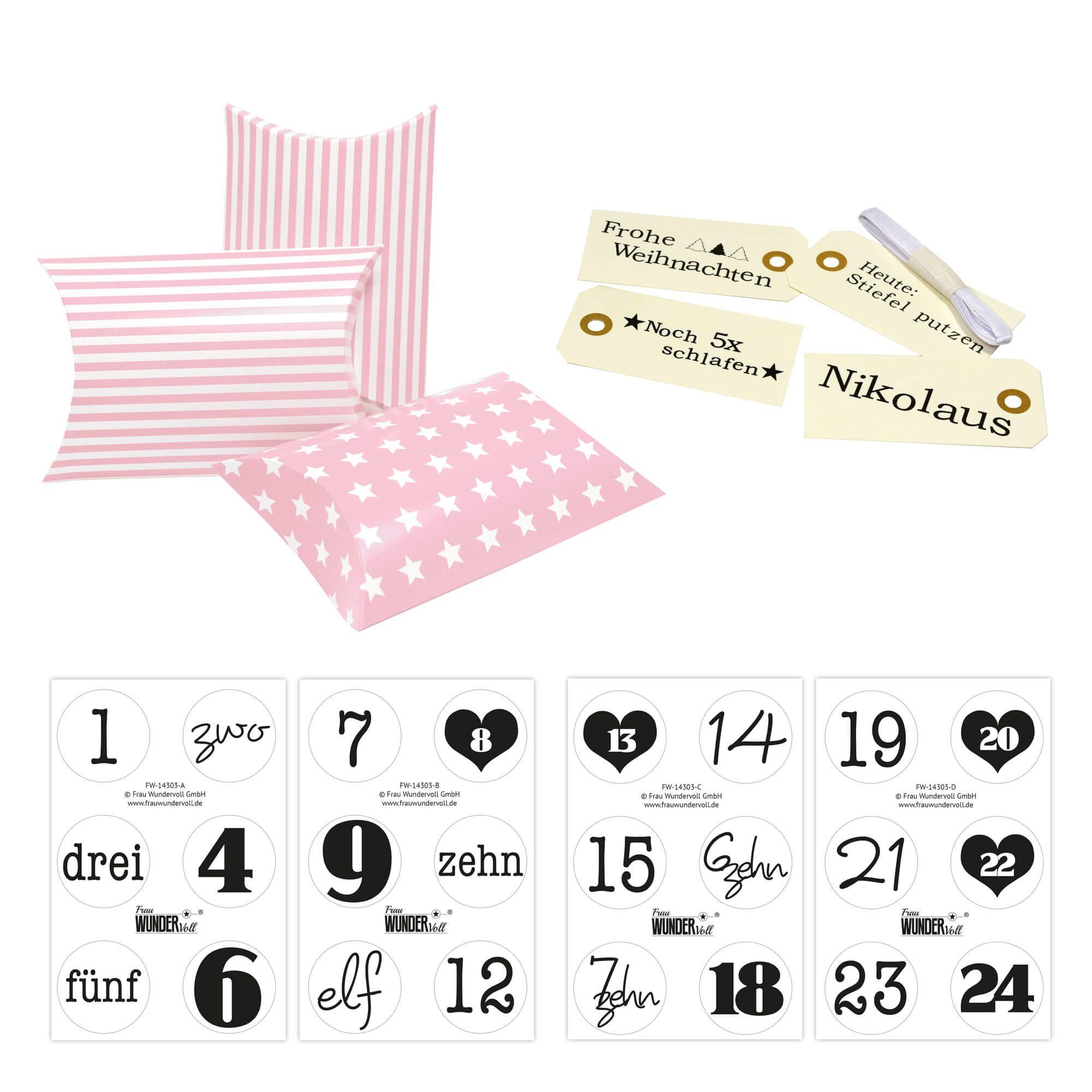 Frau WUNDERVoll Kalender zum Selbstbasteln Adventskalender Christkind,Kissenschachteln rosa Sterne und Streifen